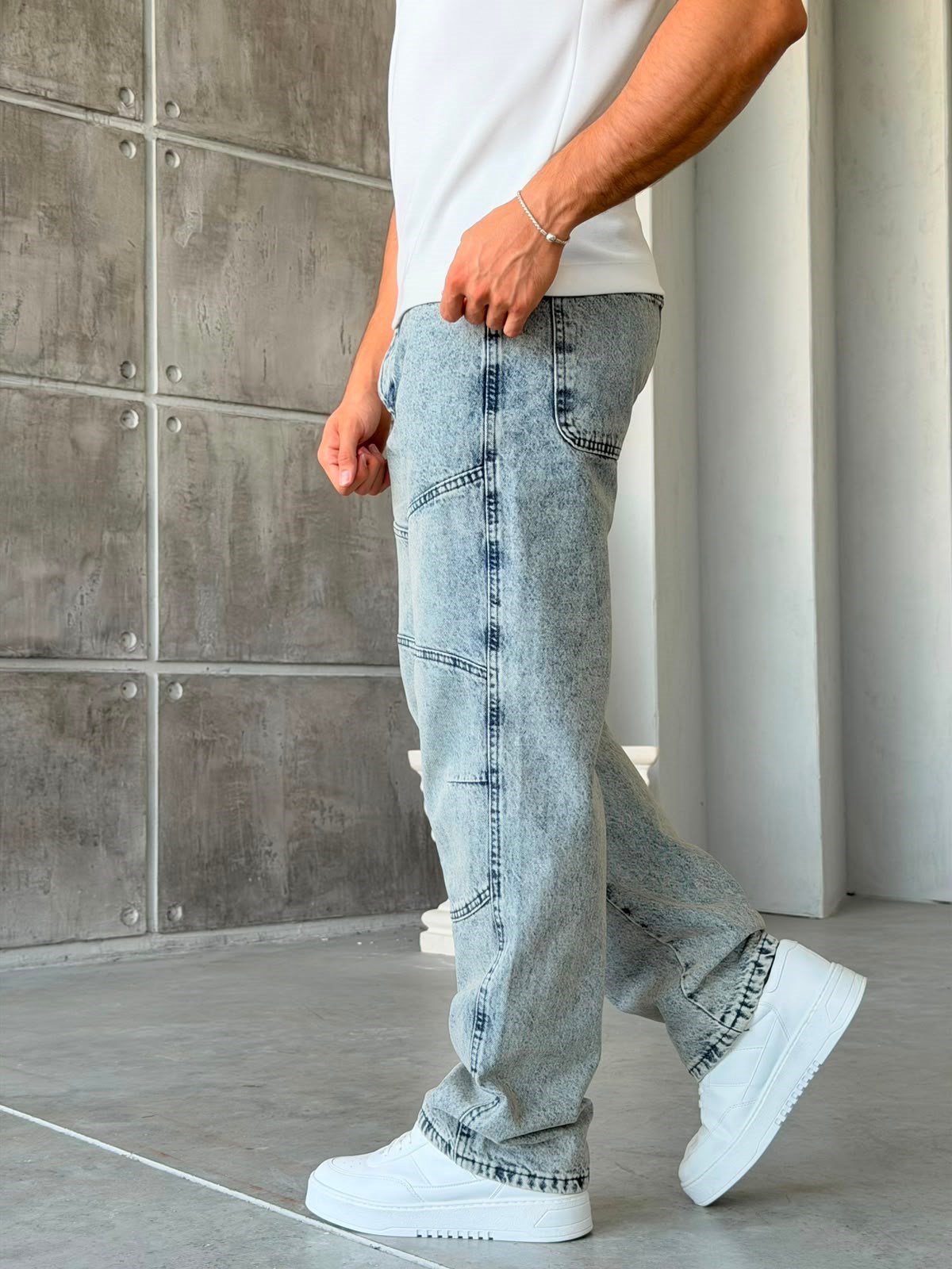 Parça Dikiş Detaylı Yıkamalı Baggy Kot Pantolon-W
