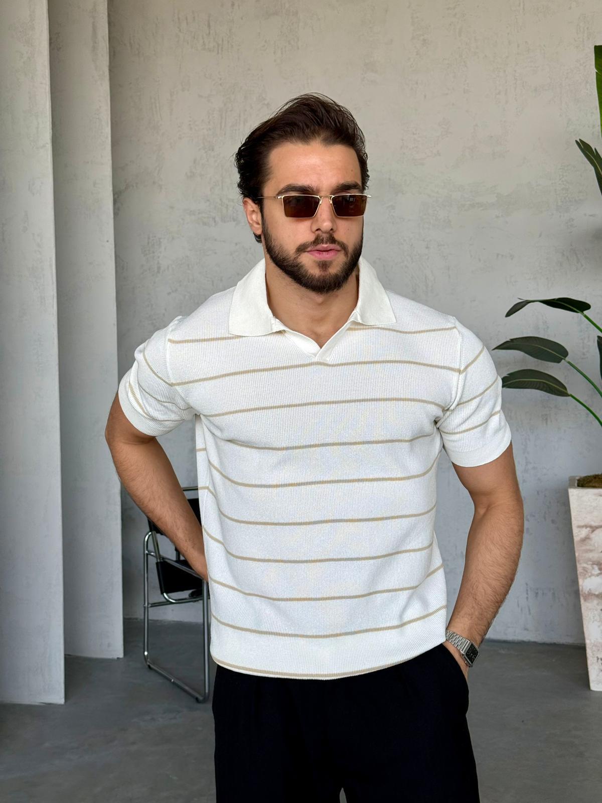 Polo Yaka Triko Çizgi Detaylı - Beyaz