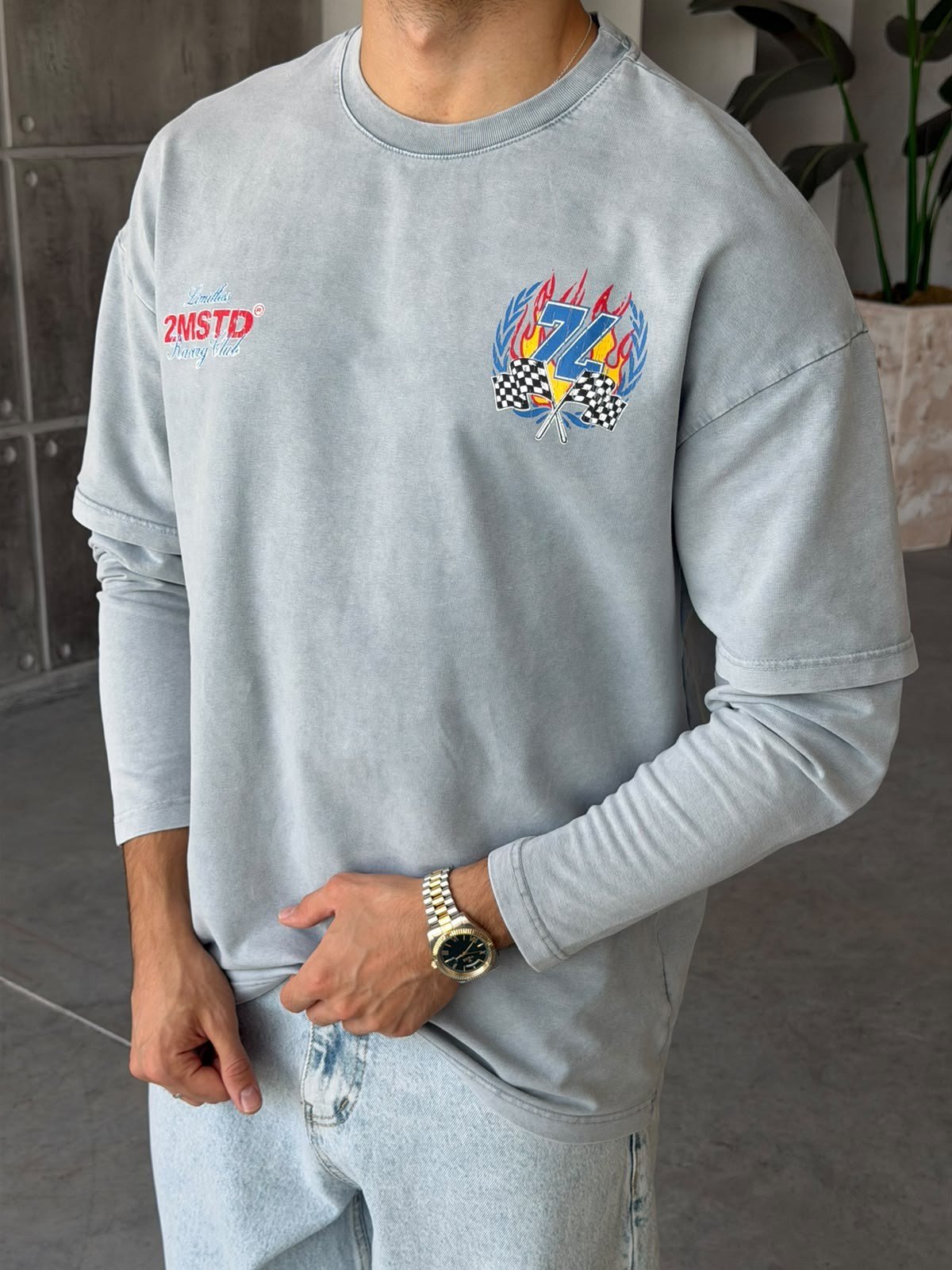 Racing Baskılı Yıkamalı Çift Kol Oversize Sweat T Gri