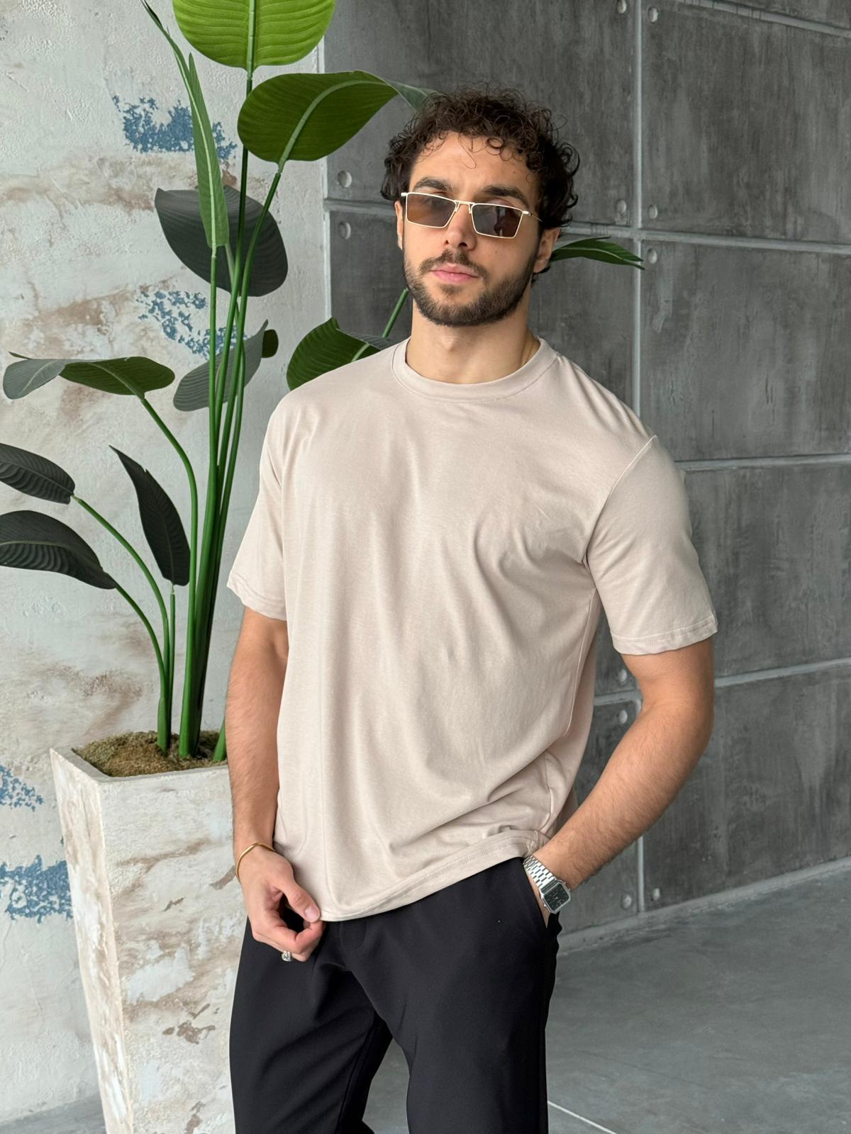 Regular Kalıp Likralı Basic T-Shirt - Krem