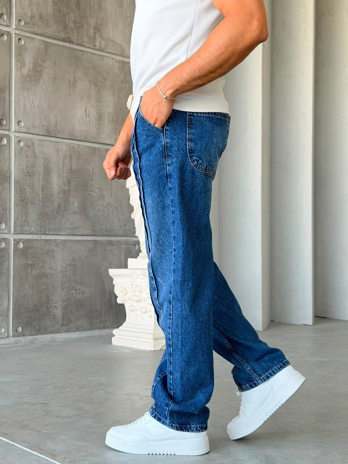 Şerit Detaylı Mavi  Baggy Kot Pantolon-W