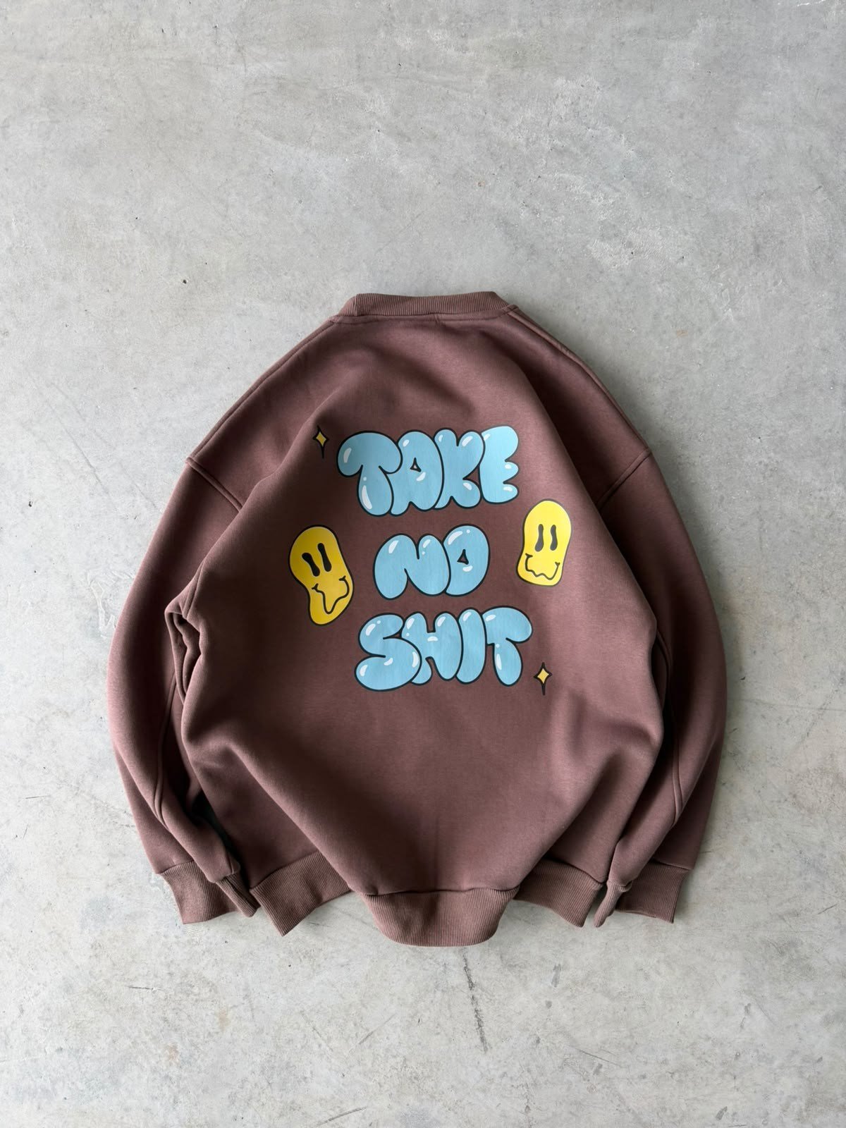 Shit Baskılı Oversize 3 İplik Bisiklet Yaka Sweat Kahverengi