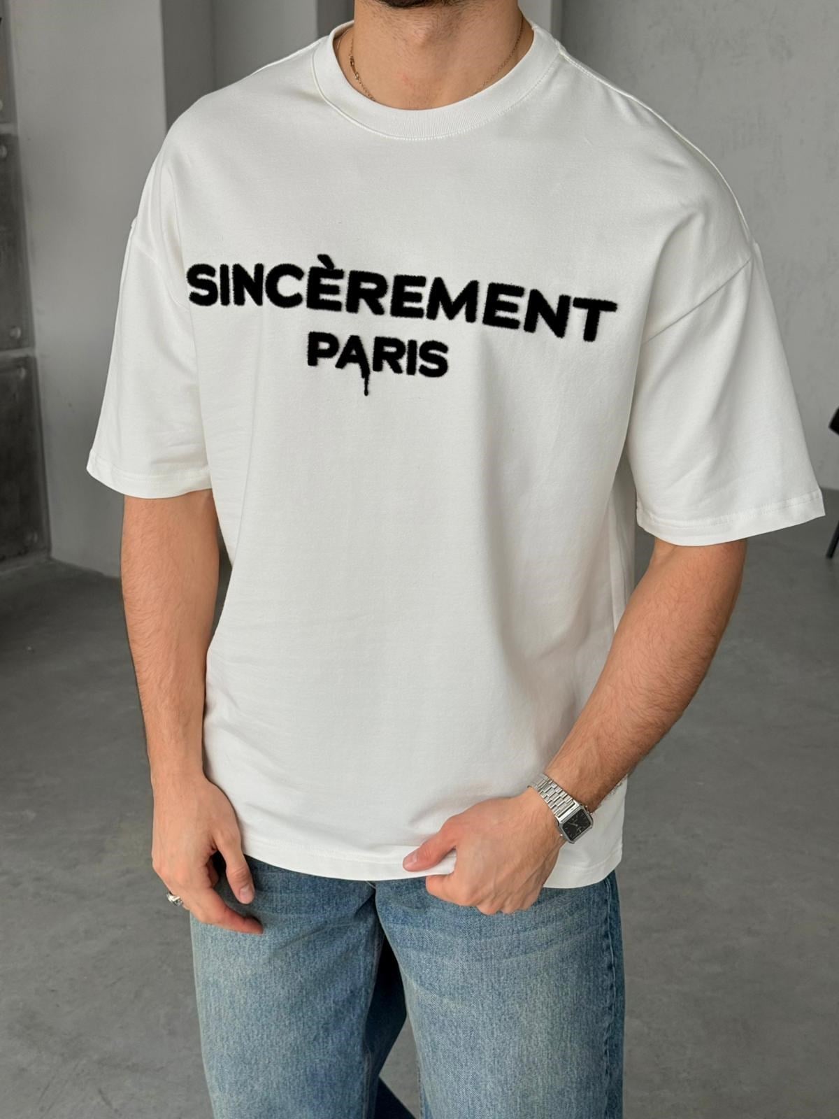 SINCEREMENT PARIS Flock Baskılı Oversize T-Shirt - Beyaz