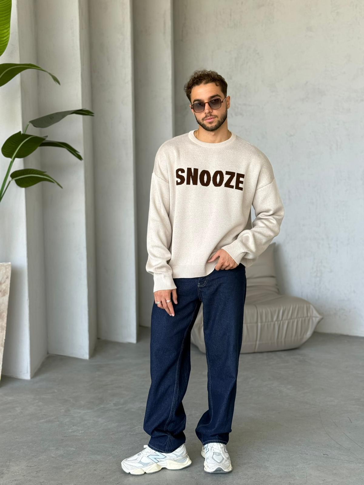 Snooze Yazılı Oversize Triko Sweat Krem