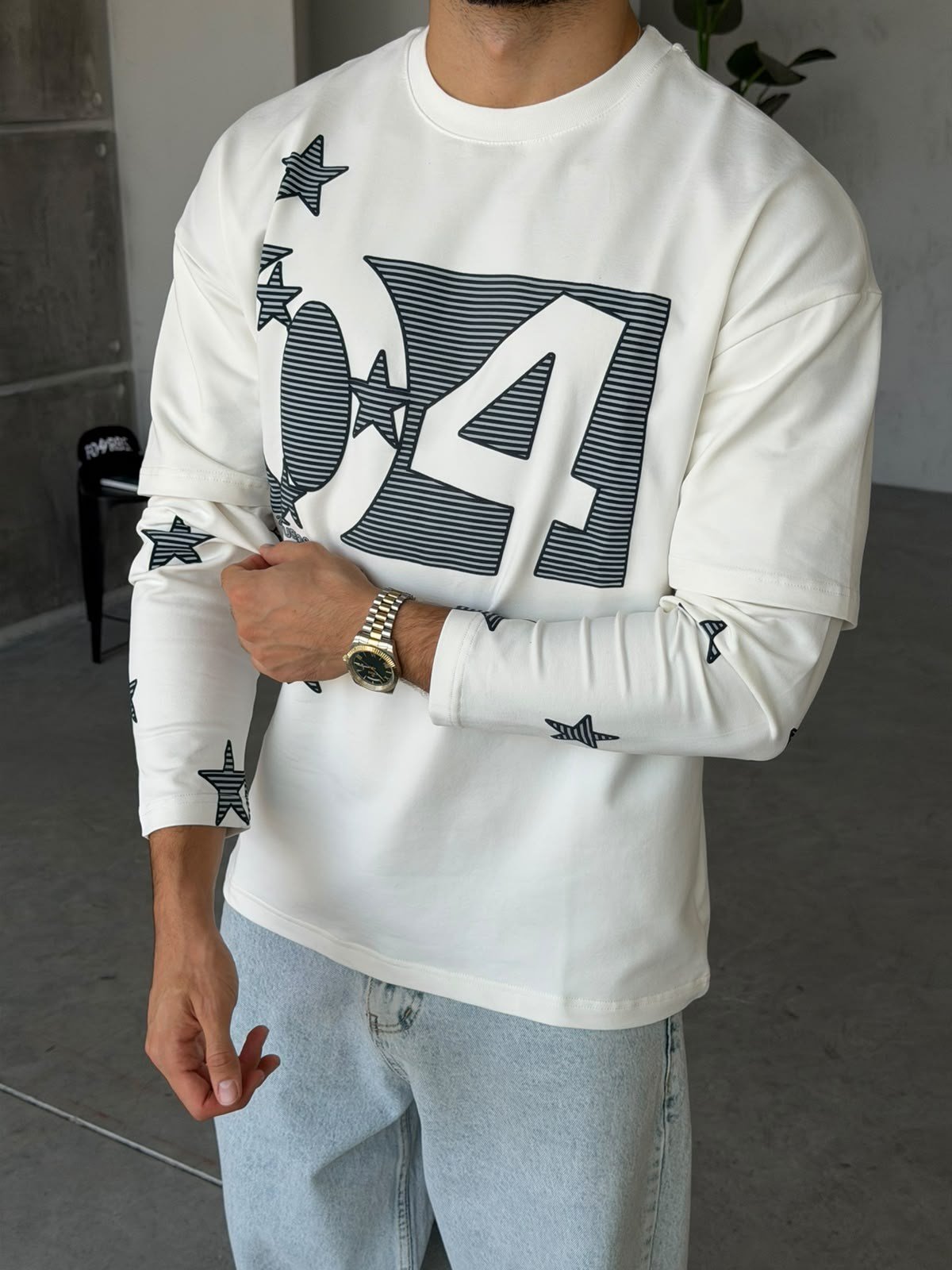Star Baskılı Yıkamalı Çift Kol Oversize Sweat T Beyaz