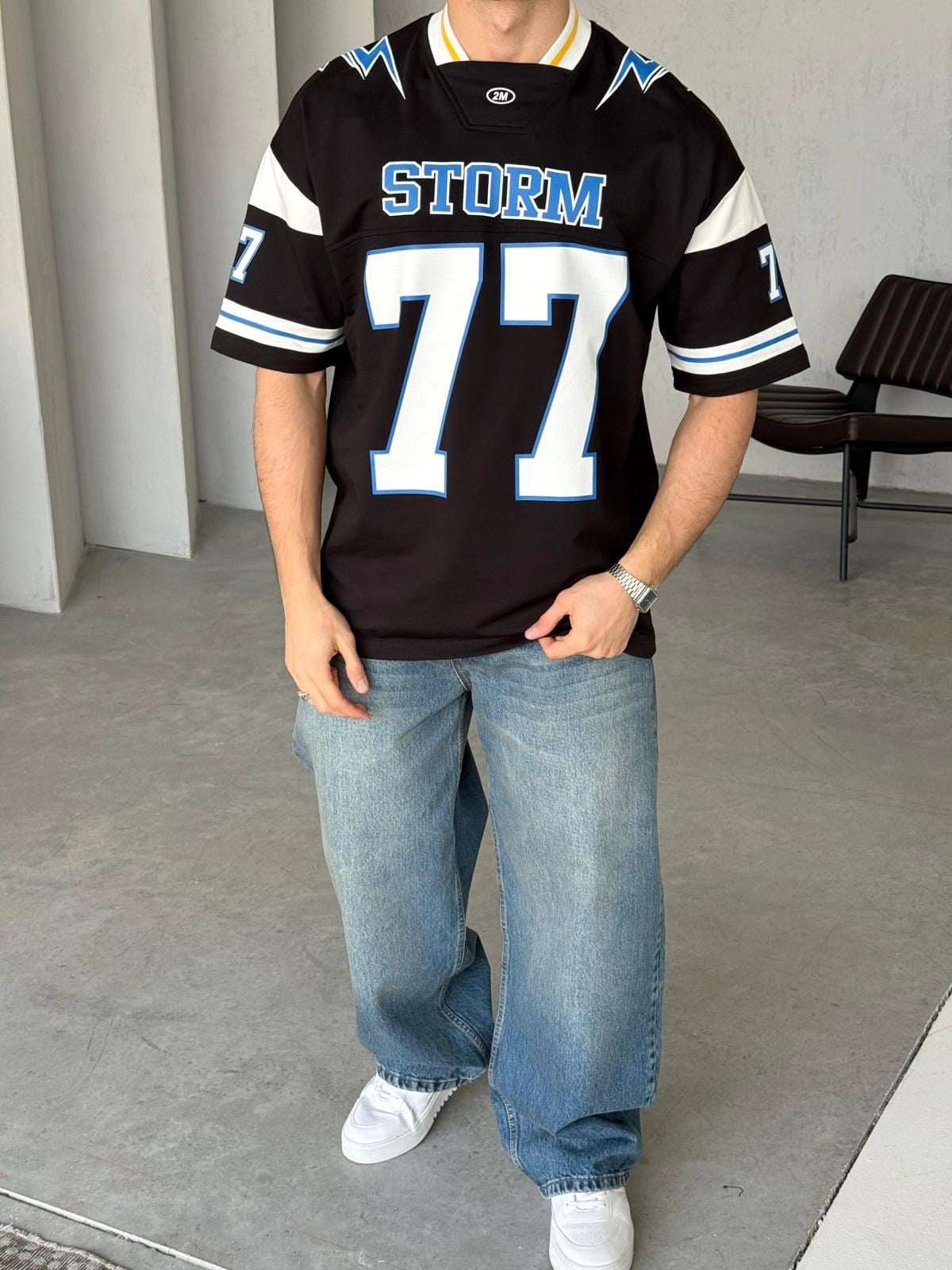 Storm 77 Varsity Jersey Oversize T-Shirt - Siyah