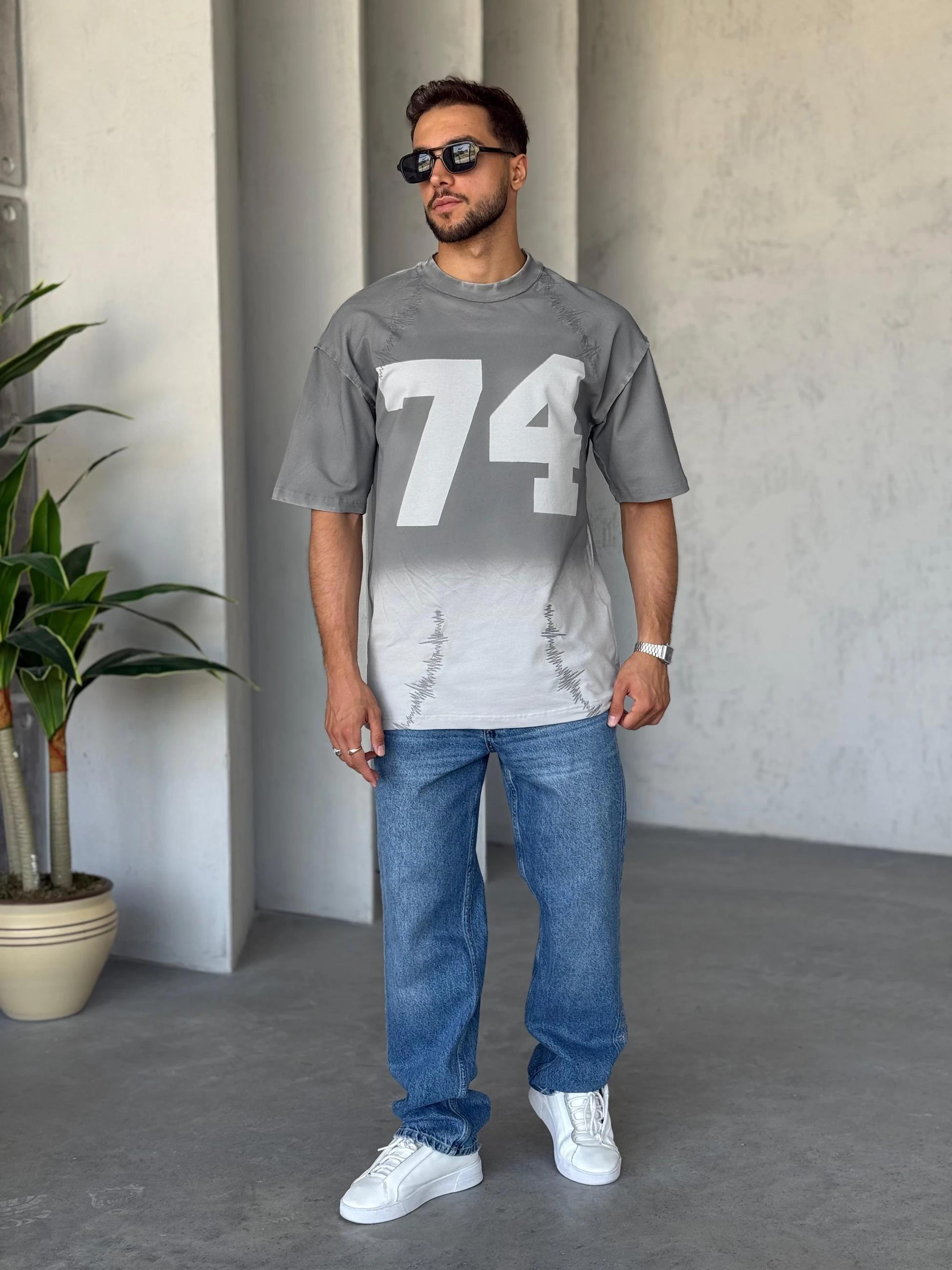 T5000 Yıkamalı Tasarım Oversize T-shirt Gri