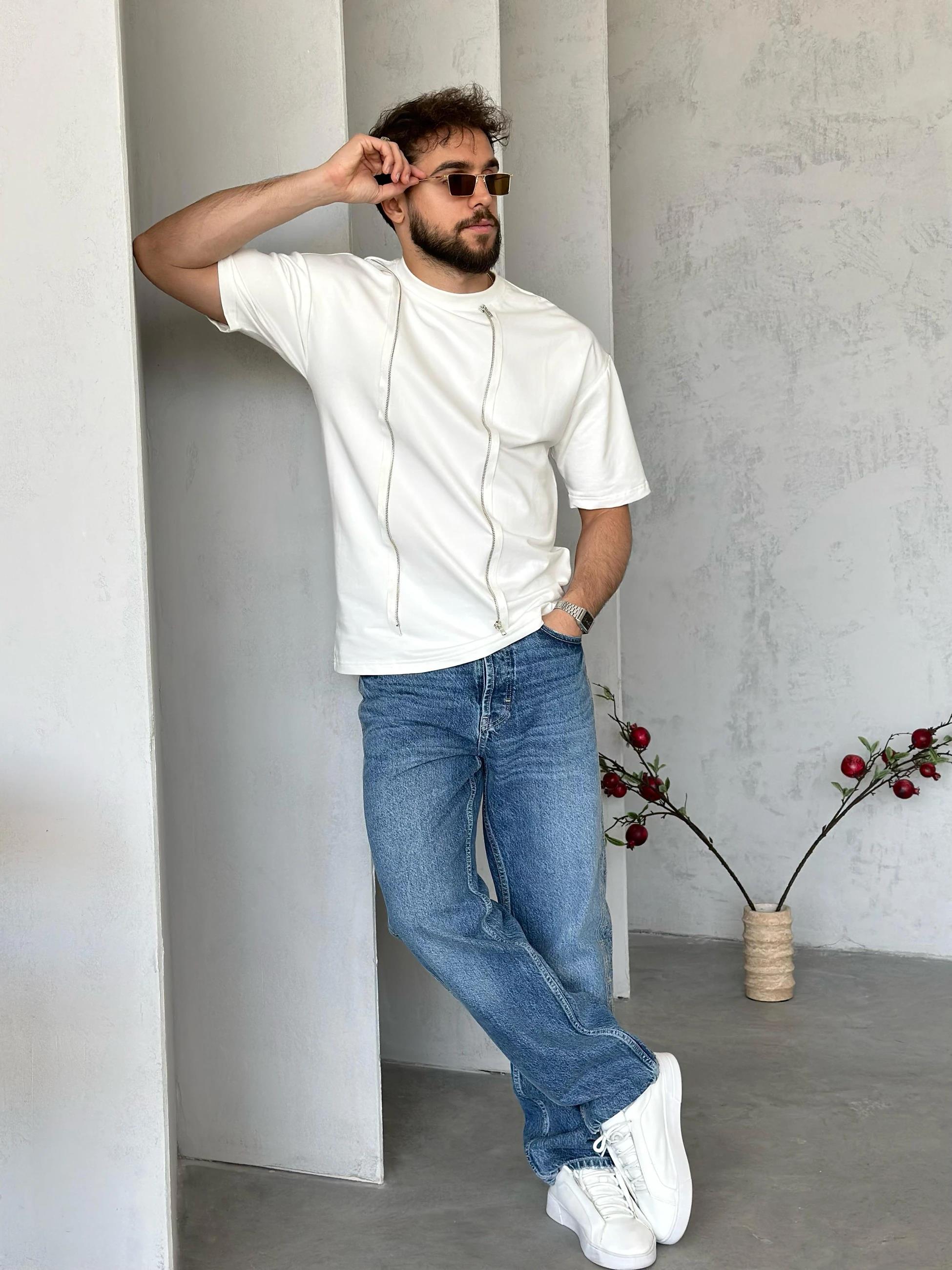 T505 Fermuar Detaylı Tasarım T-shirt Beyaz