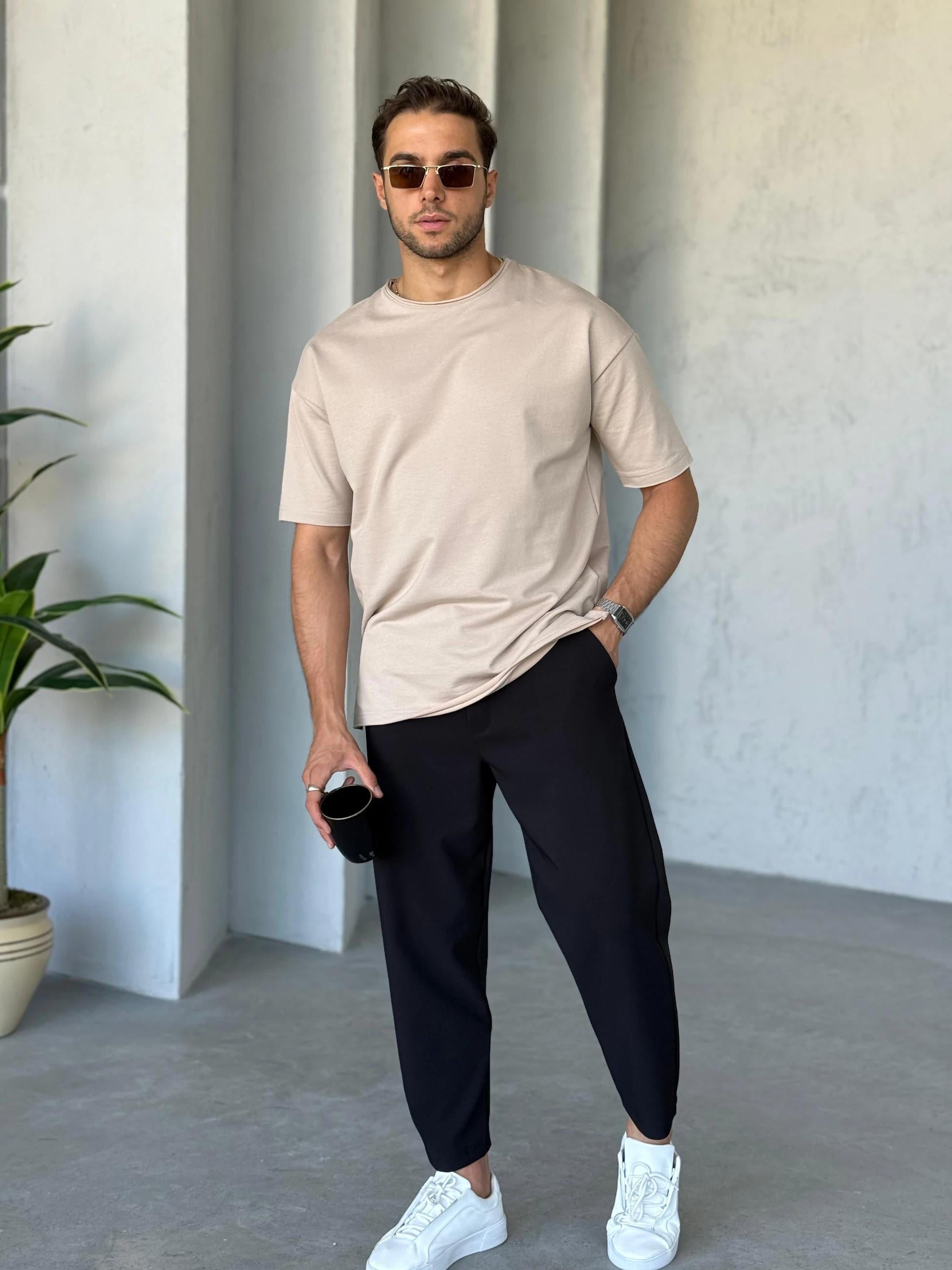 T6662 Yan Yırtmaçlı Oversize T-shirt Bej
