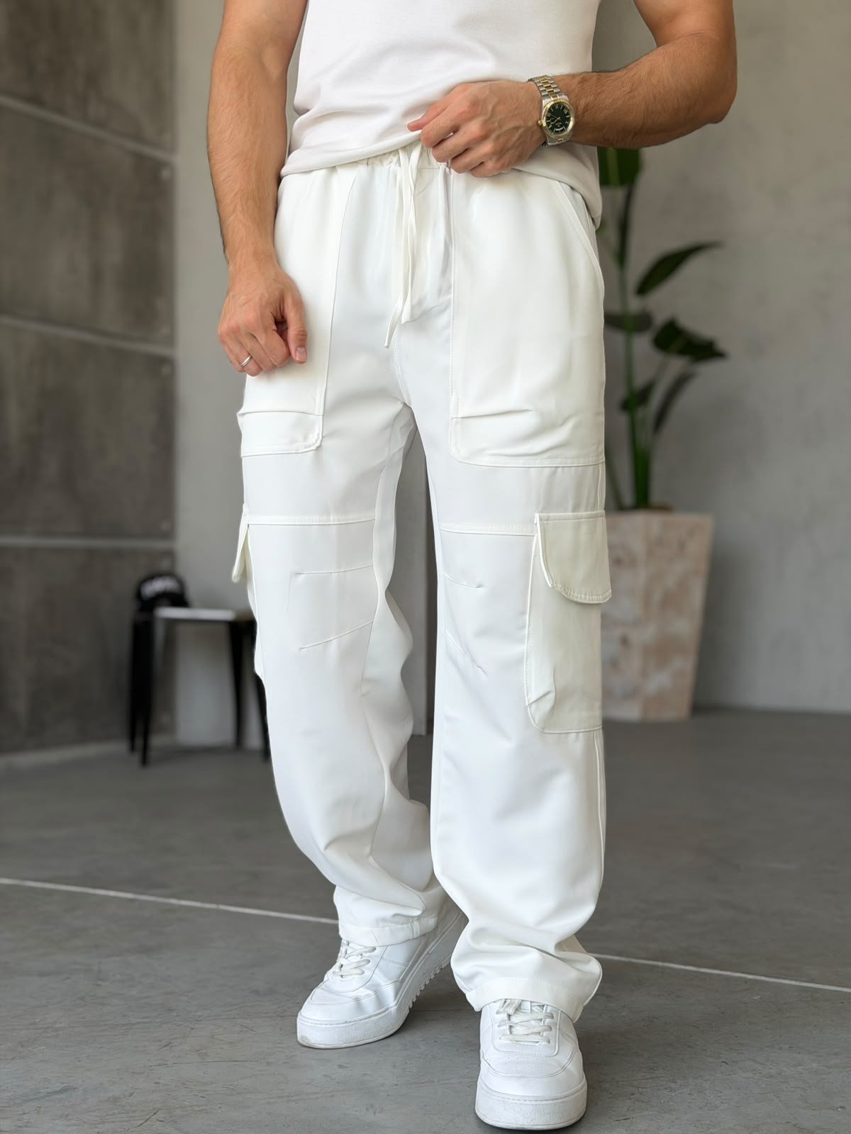 Tech Kumaş Kargo Cep Baggy Pantolon T Beyaz