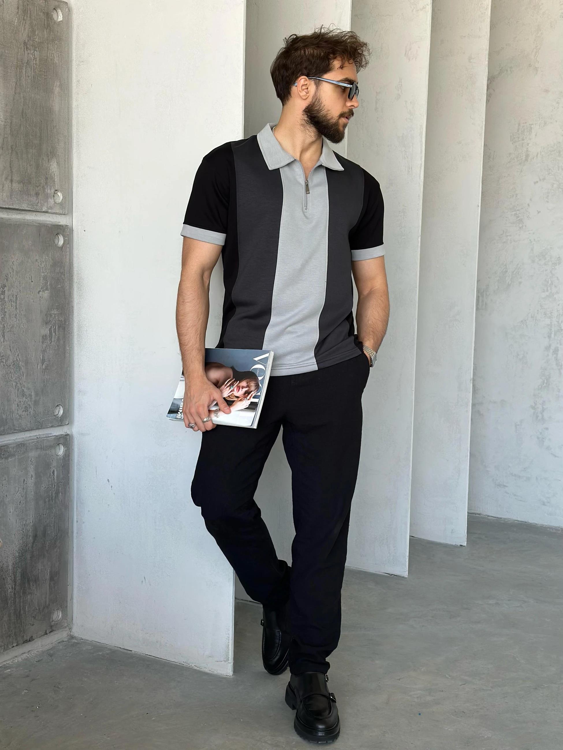 TR1311 Parçalı Modal Kumaş Polo Yaka Gri Siyah