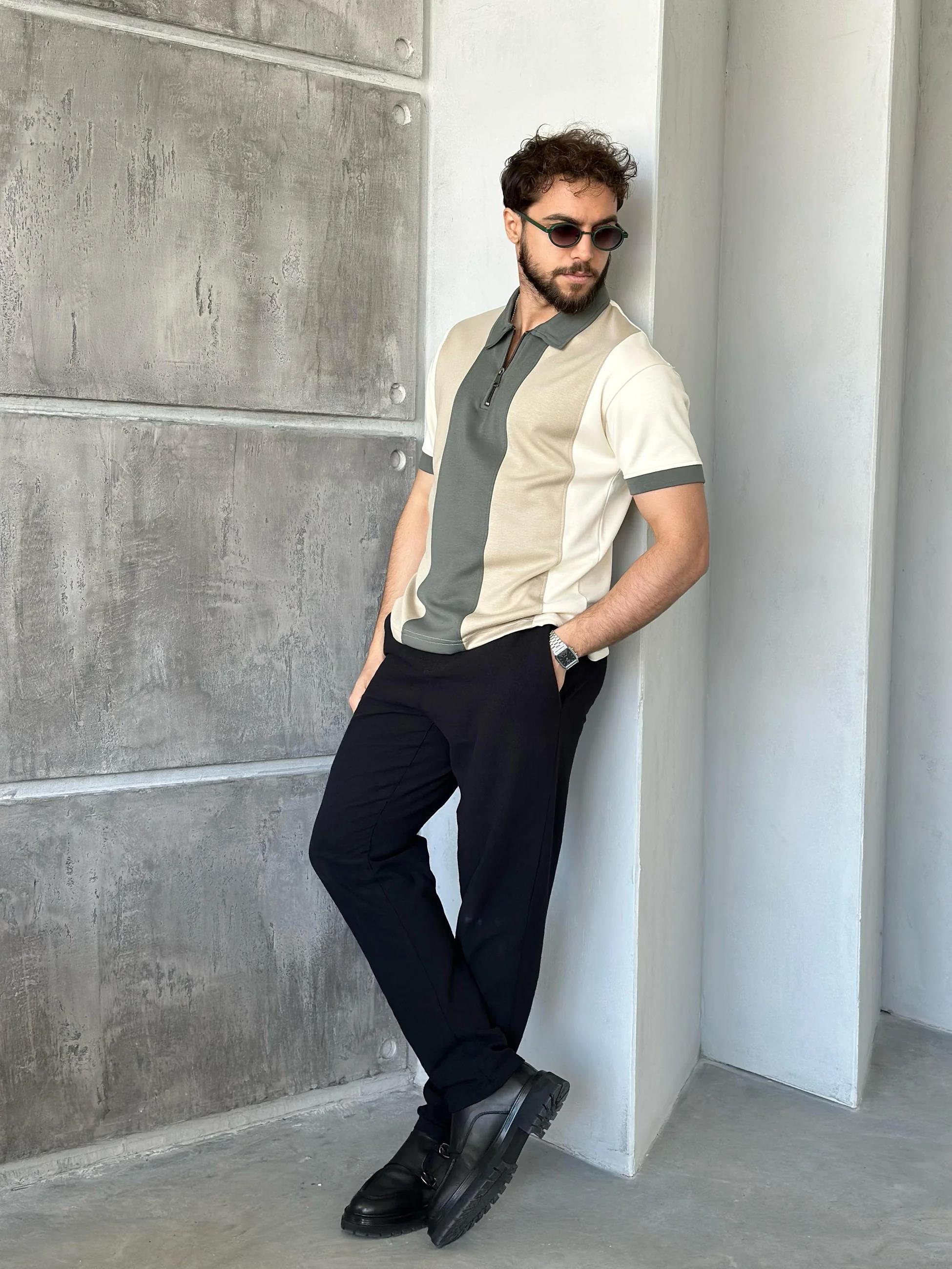 TR1312 Parçalı Modal Kumaş Polo Yaka Haki Krem