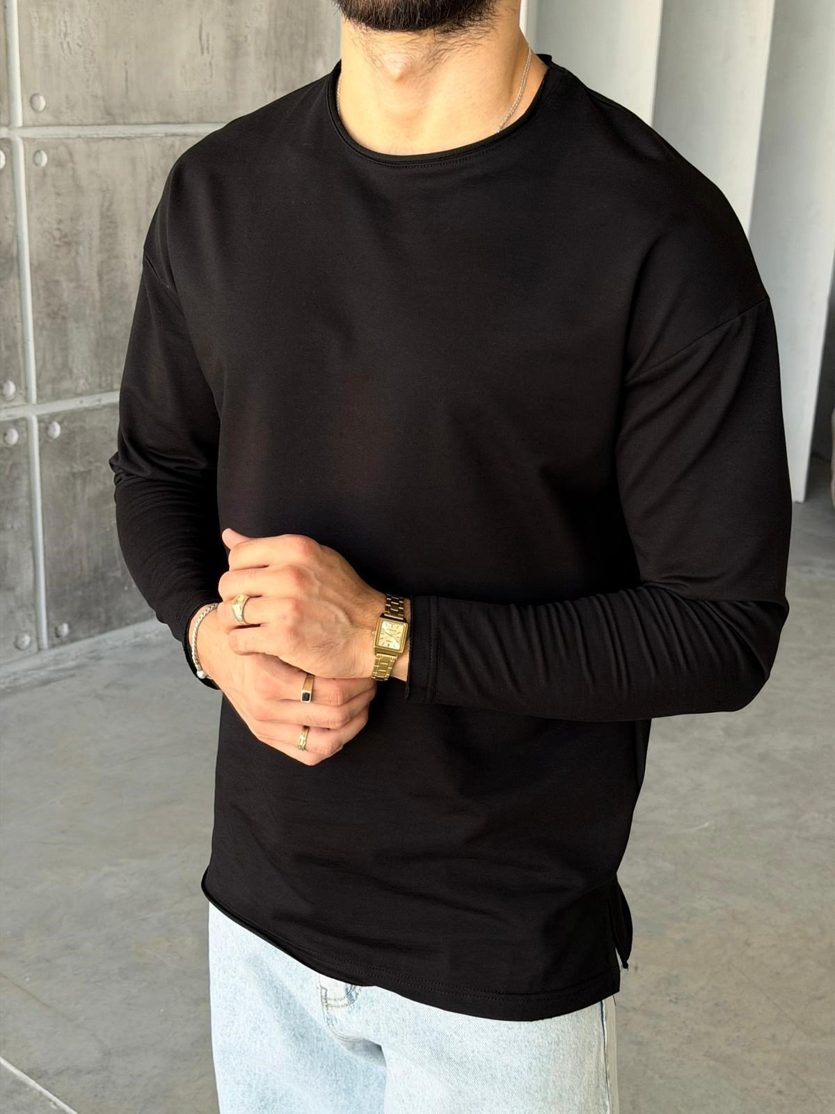 Yan Yırtmaç Detaylı Oversize Uzun Kollu Sweat M - SİYAH