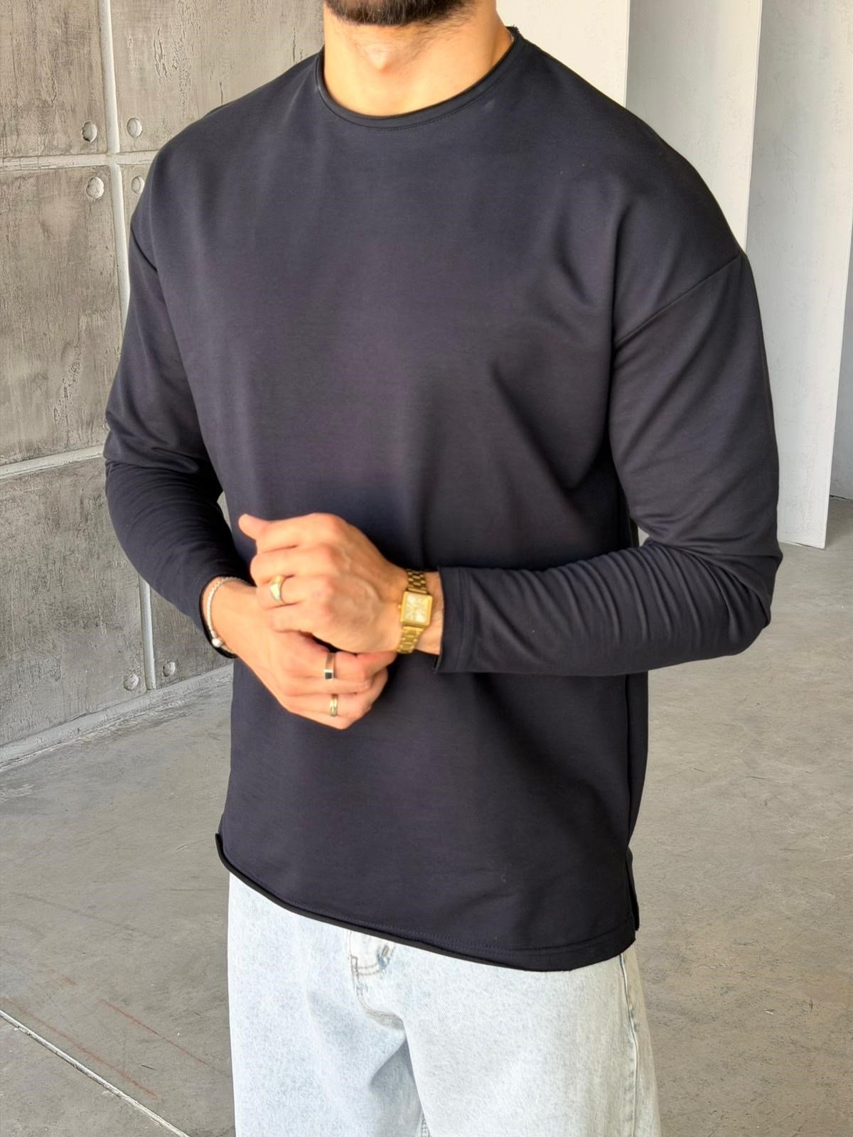 Yan Yırtmaç Detaylı Oversize Uzun Kollu Sweat M - KOYU LACİVERT