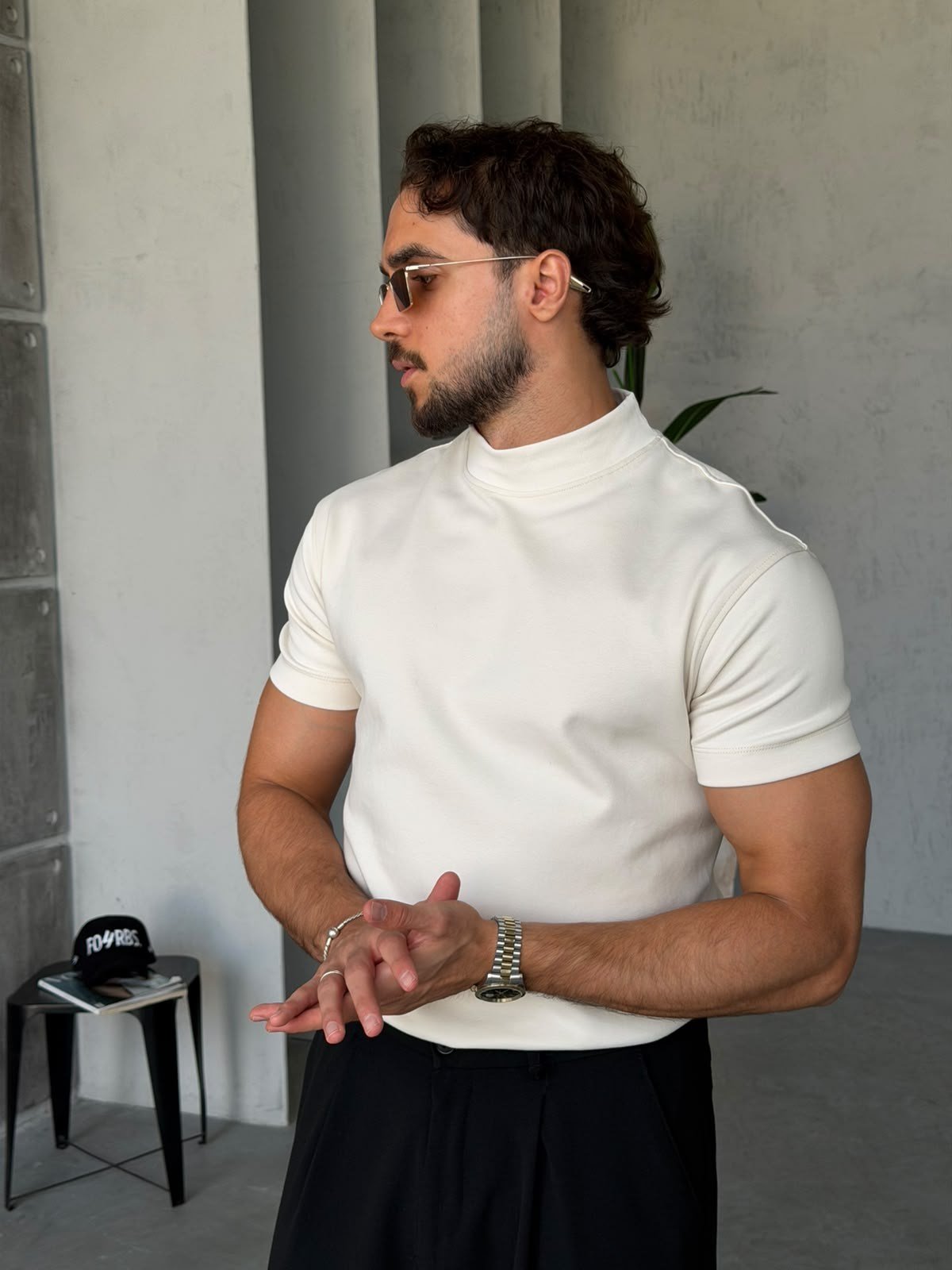 Yarım Boğazlı Dubble Face Kumaş T-shirt Krem