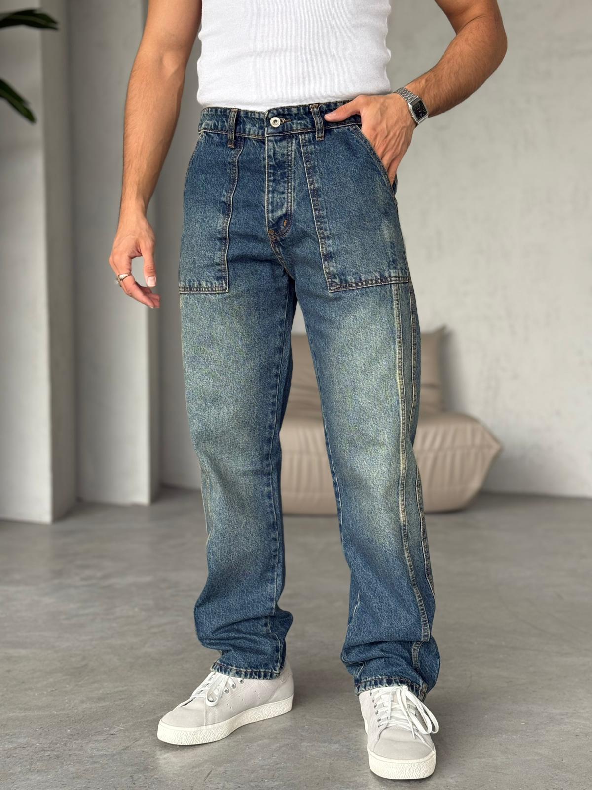 Yıkamalı Tasarım Çift Şeritli Baggy Kot Pantolon