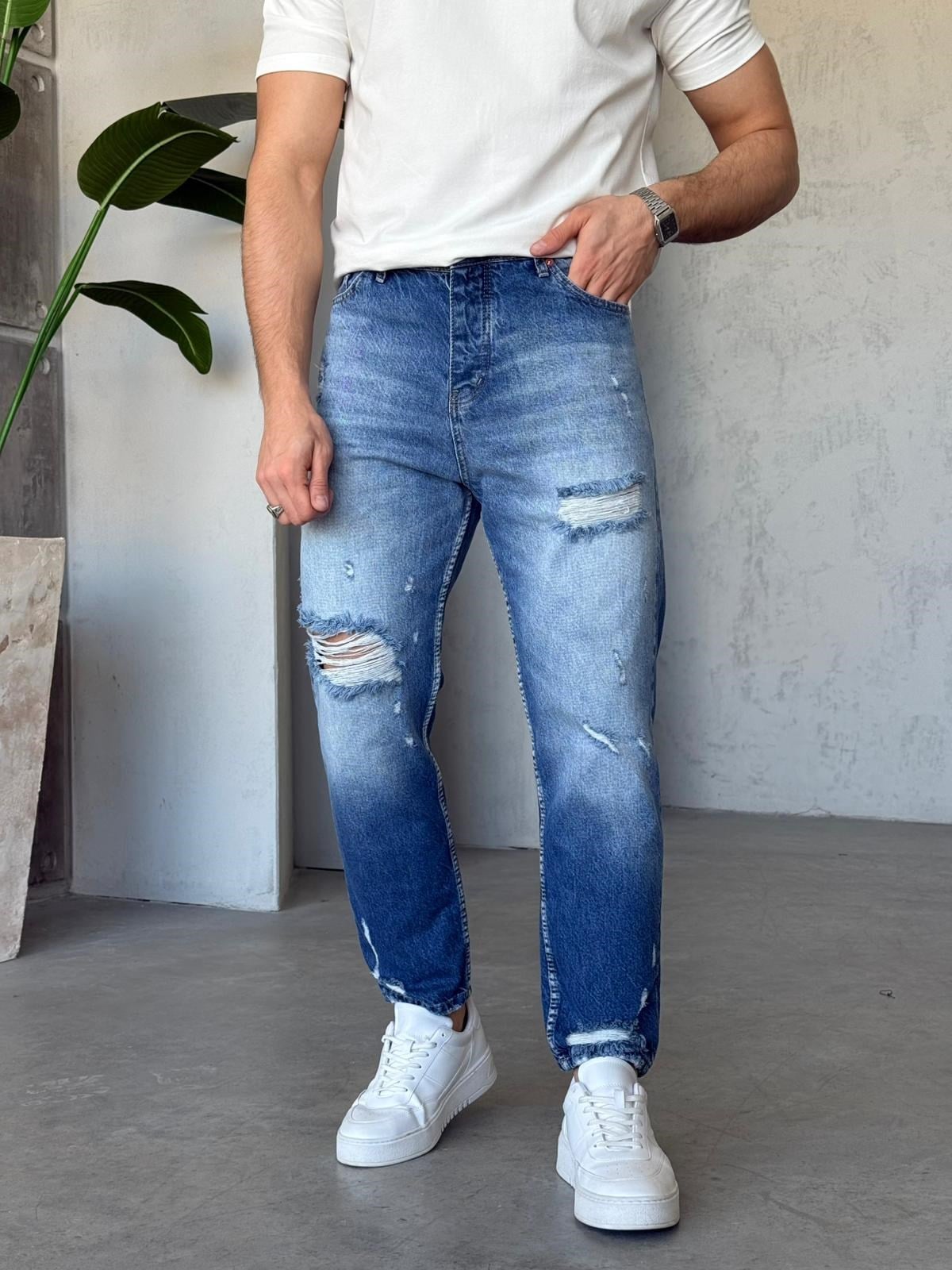 YIRTIK DETAYLI MAVİ BOYFRIEND KOT PANTOLON