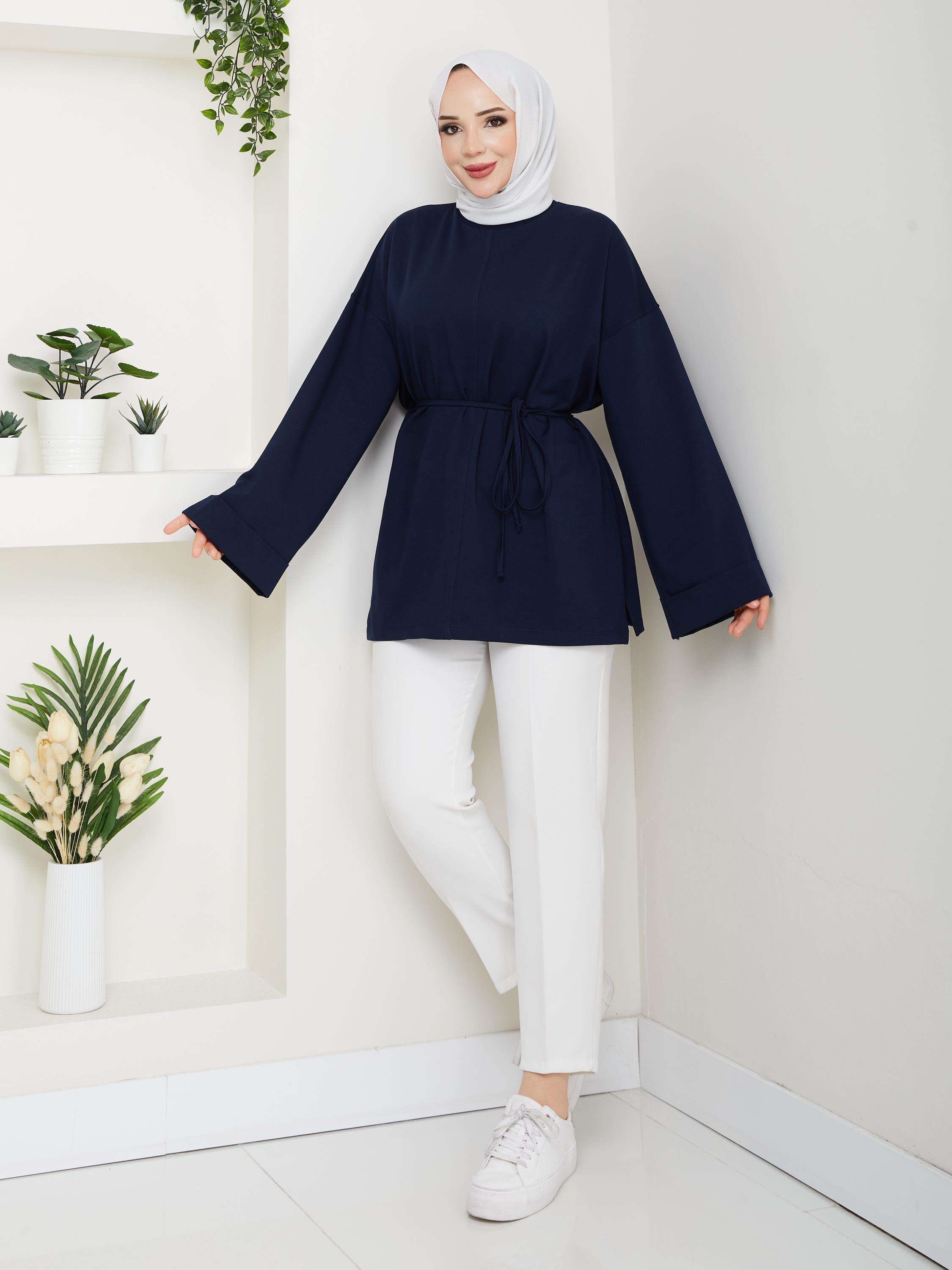 Lina Oversize Sweatshirt Yandan Yırtmaçlı Kuşaklı Model | Lacivert