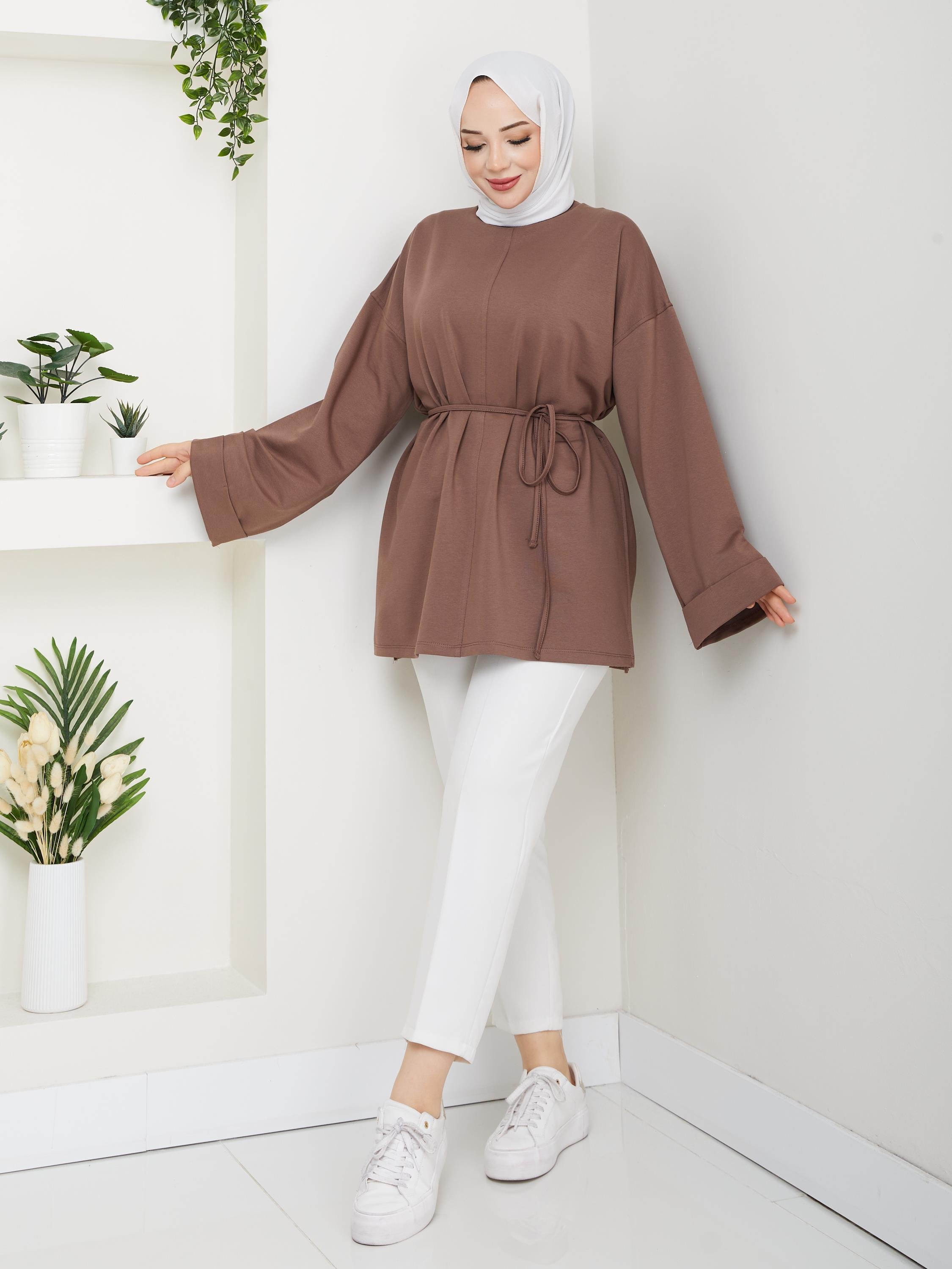 Lina Oversize Sweatshirt Yandan Yırtmaçlı Kuşaklı Model | Kahverengi