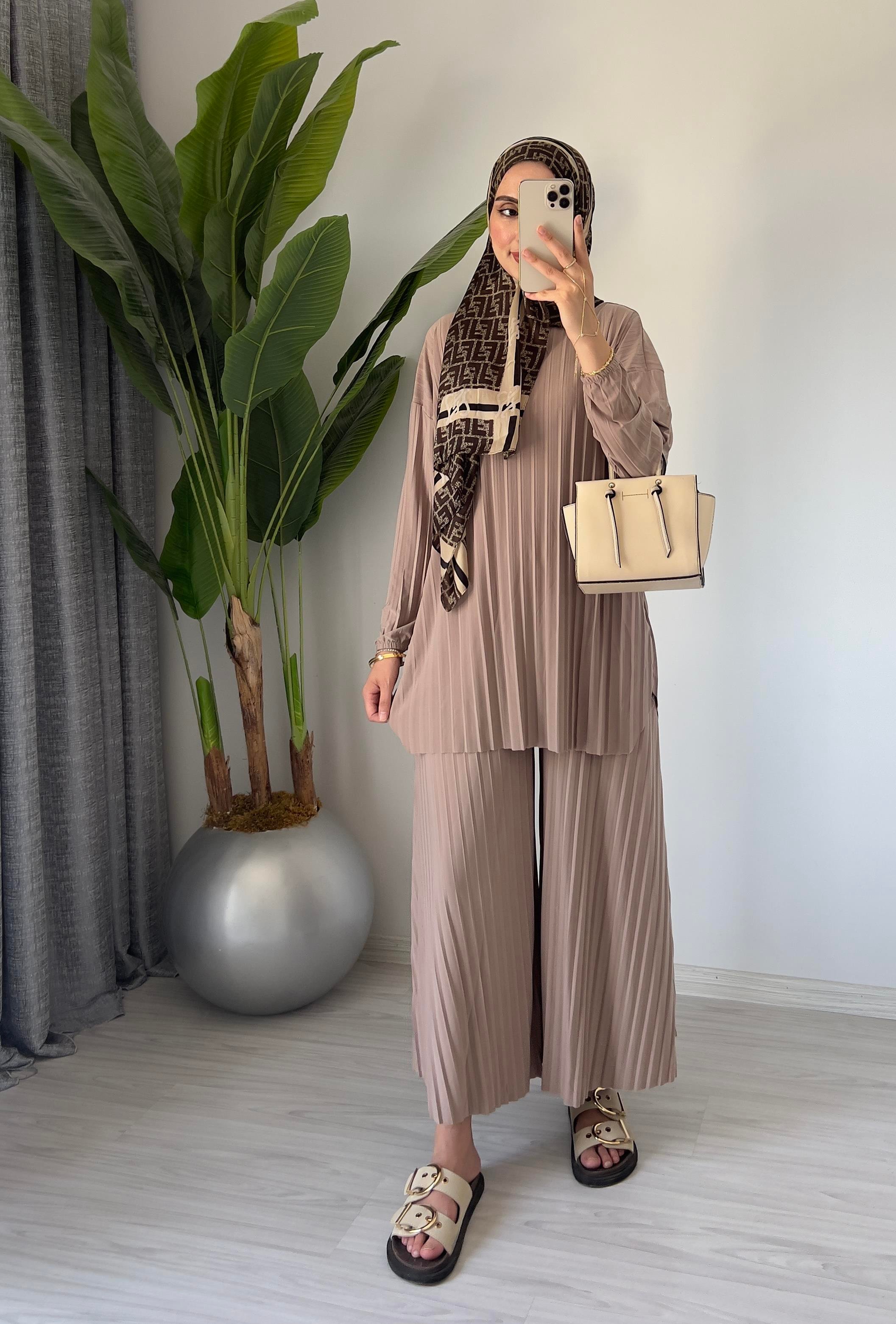 Pliseli Sandy Pantolon Takım | Taş