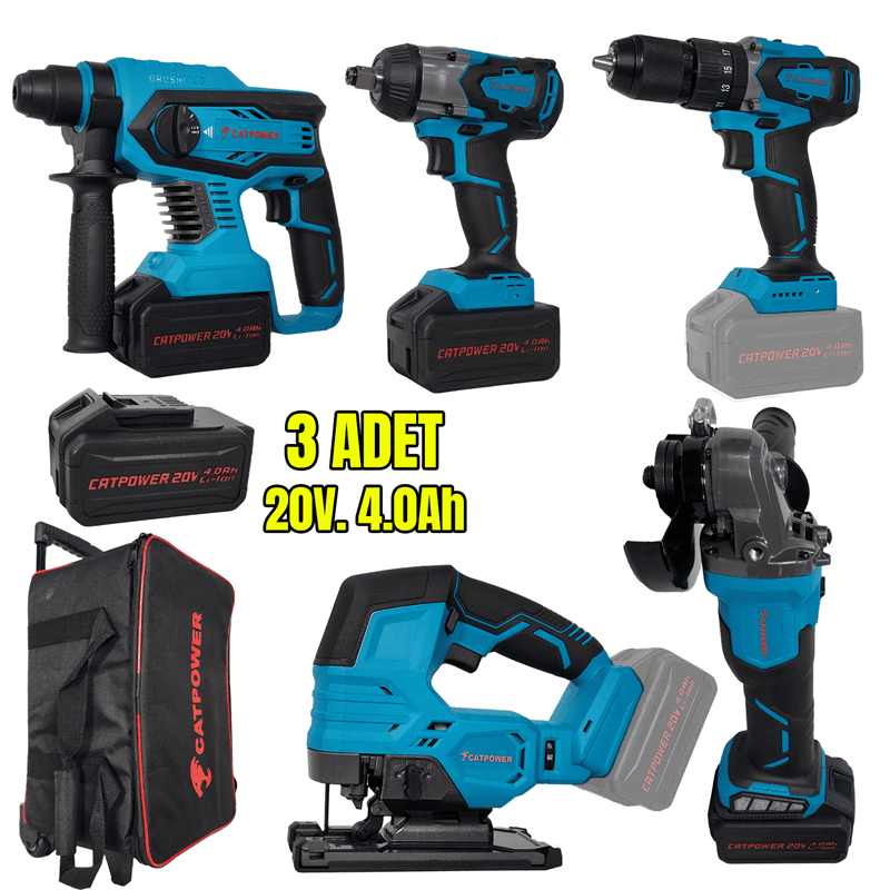 CATPOWER CAT4150 KÖMÜRSÜZ AKÜLÜ SET: DARBELİ VİDALAMA / KIRICI-DELİCİ / AVUÇ TAŞLAMA / SOMUN SIKMA / DEKUPAJ 20V 4.0aH Lİ-İON