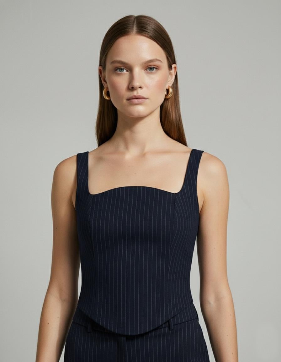 Diana Lacivert Çizgili  Askılı Crop Bluz