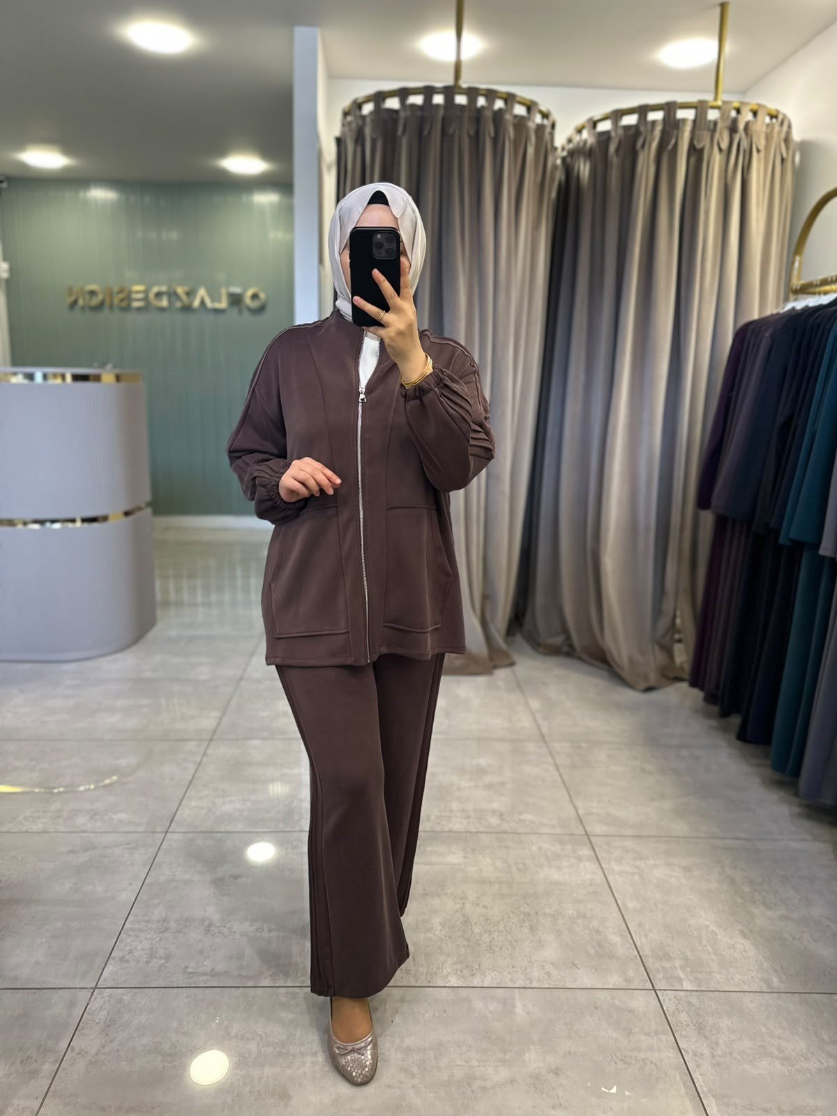 Boydan Fermuarlı Basic Pantolon Takımı Kahverengi 22756