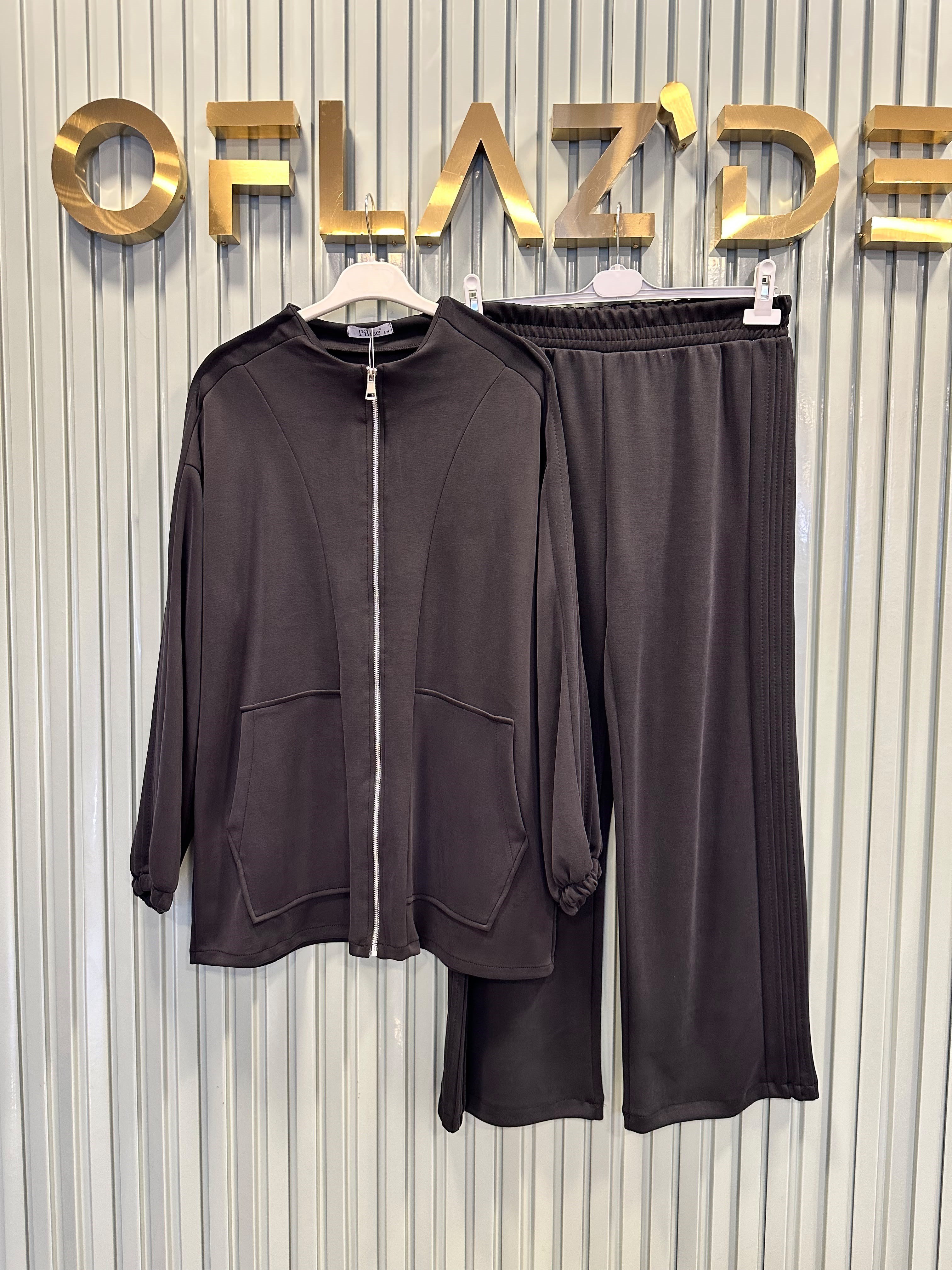 Boydan Fermuarlı Basic Pantolon Takımı Siyah 22756