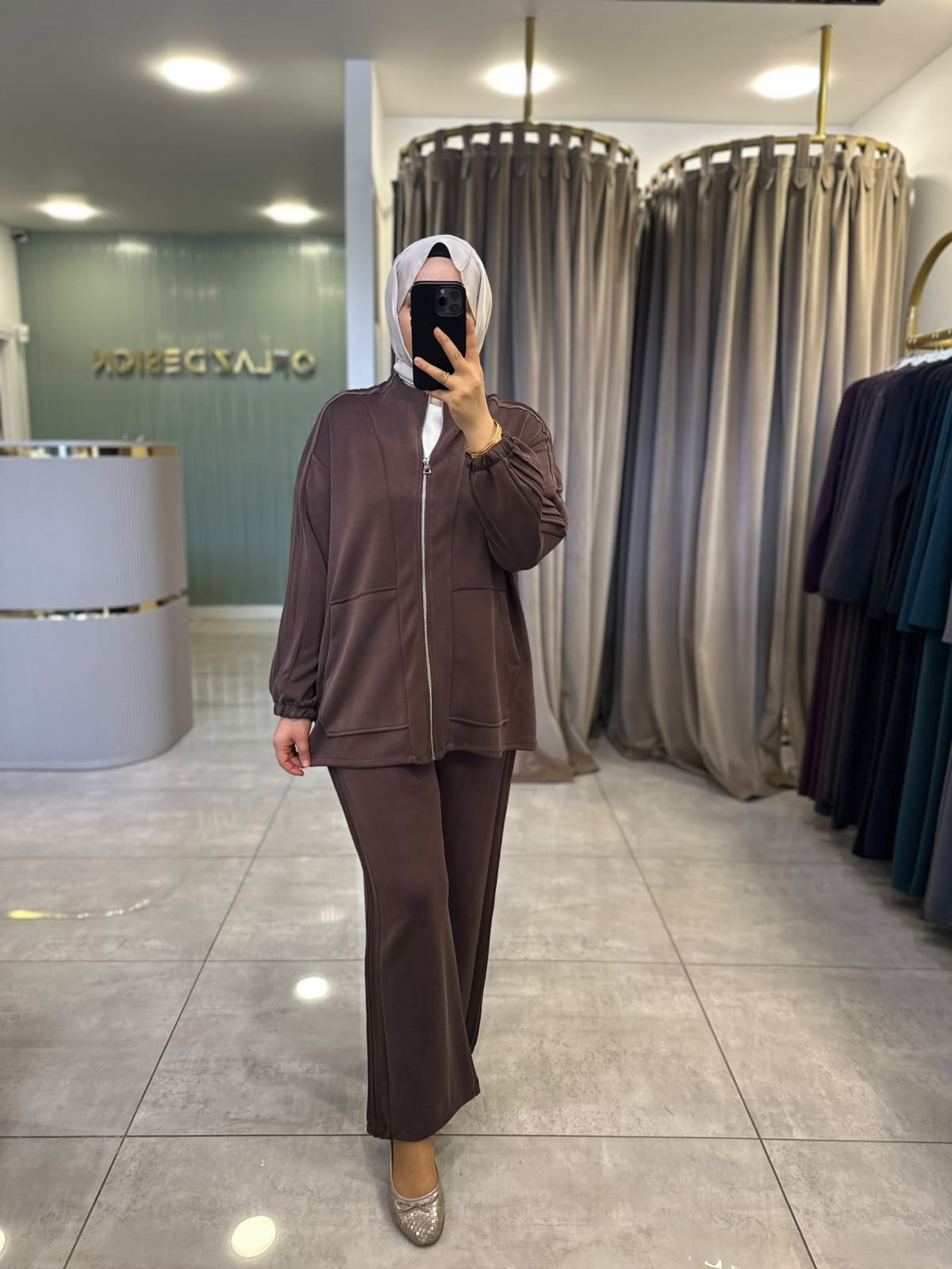 Boydan Fermuarlı Basic Pantolon Takımı Kahverengi 22756