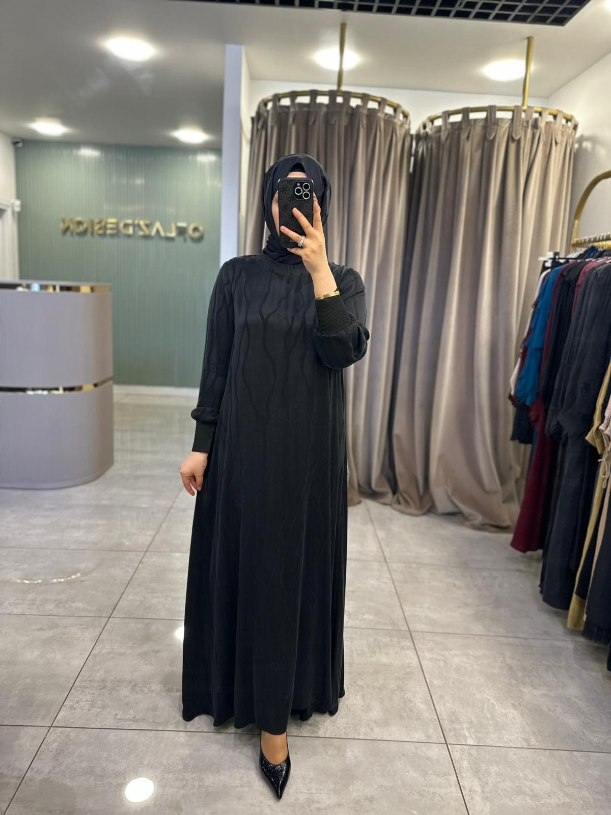 Defrina Dalgalı Jakarlı Elbise Siyah 41119