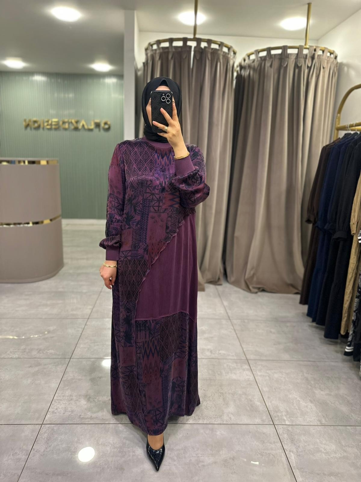 Defrina Geo Desenli Qupra Elbise Mor 41090