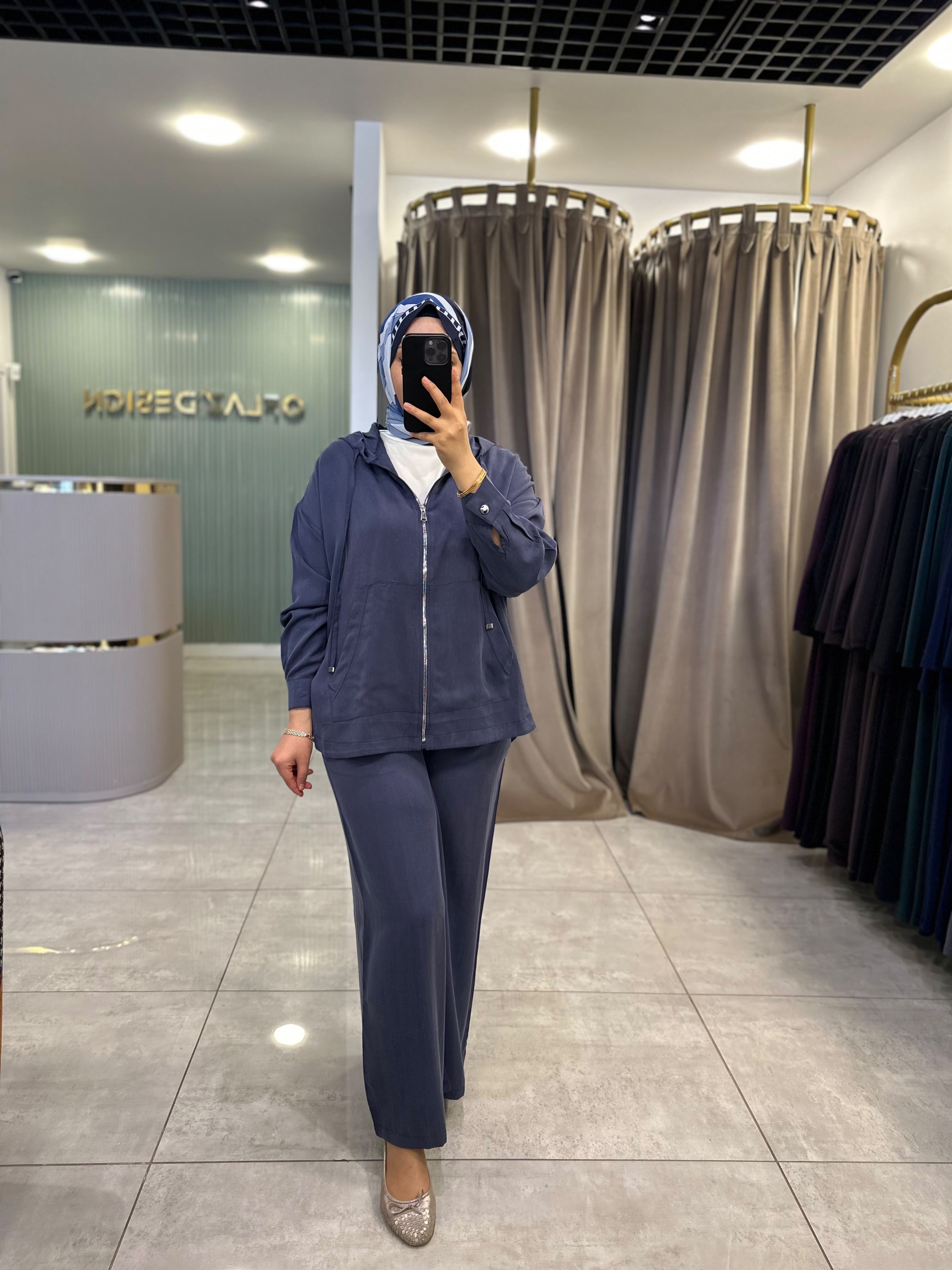 Fermuar Detaylı Kapüşonlu Pantolonlu Takım Lacivert 6606