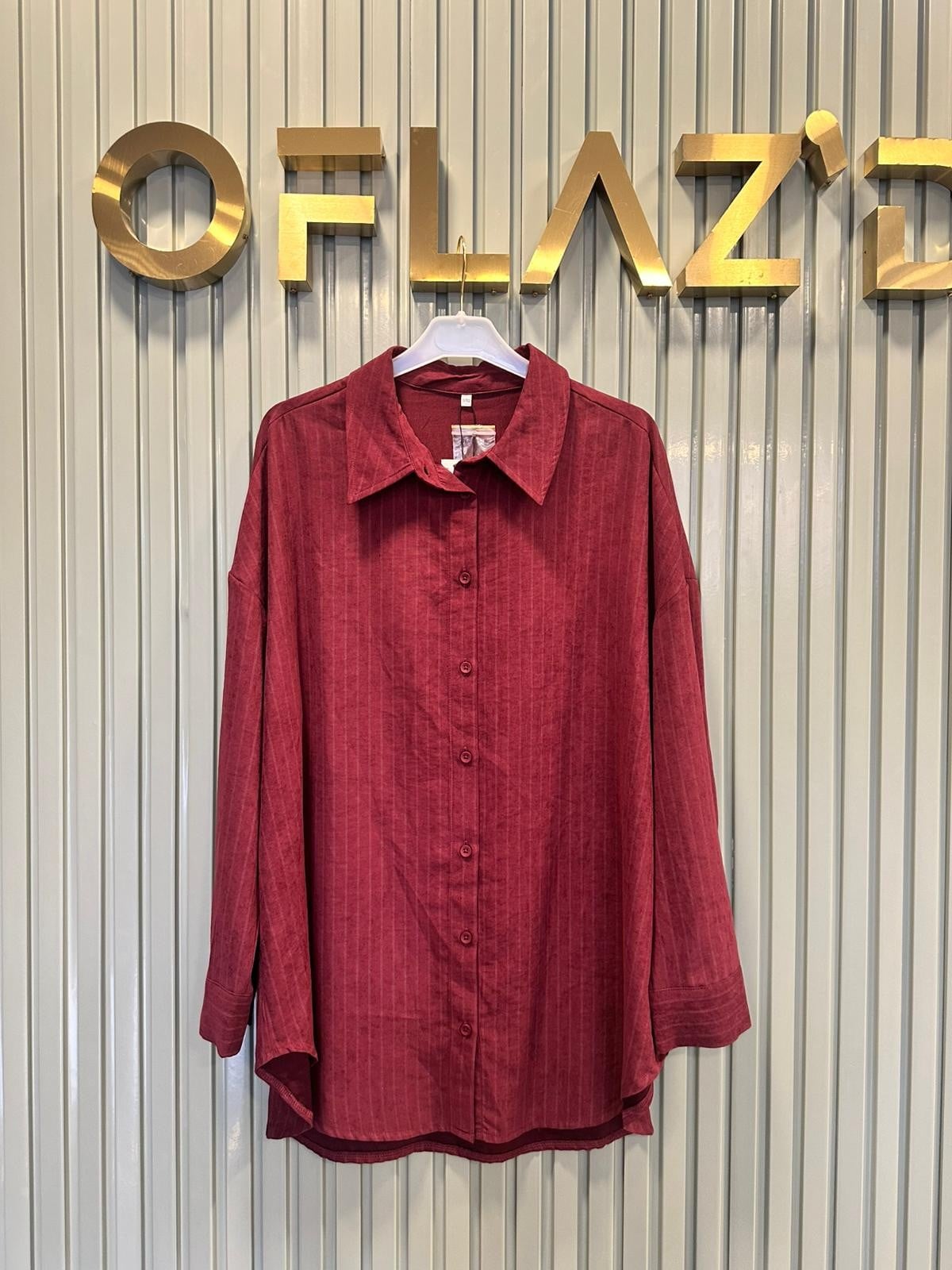 İkoll Çizgili Oversize Gömlek Bordo 36222