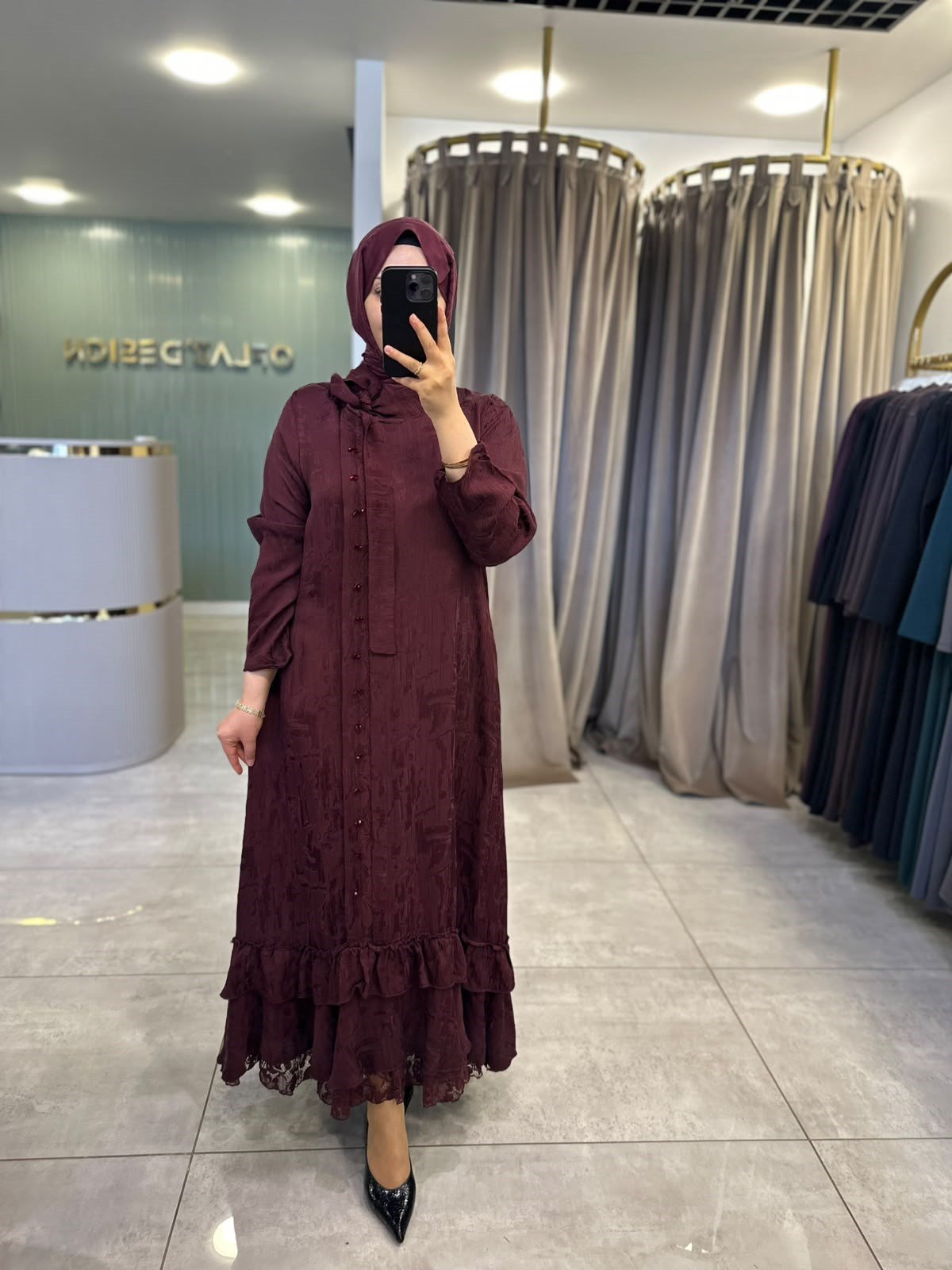 LissMore Boydan Düğmeli Elbise Bordo 6148