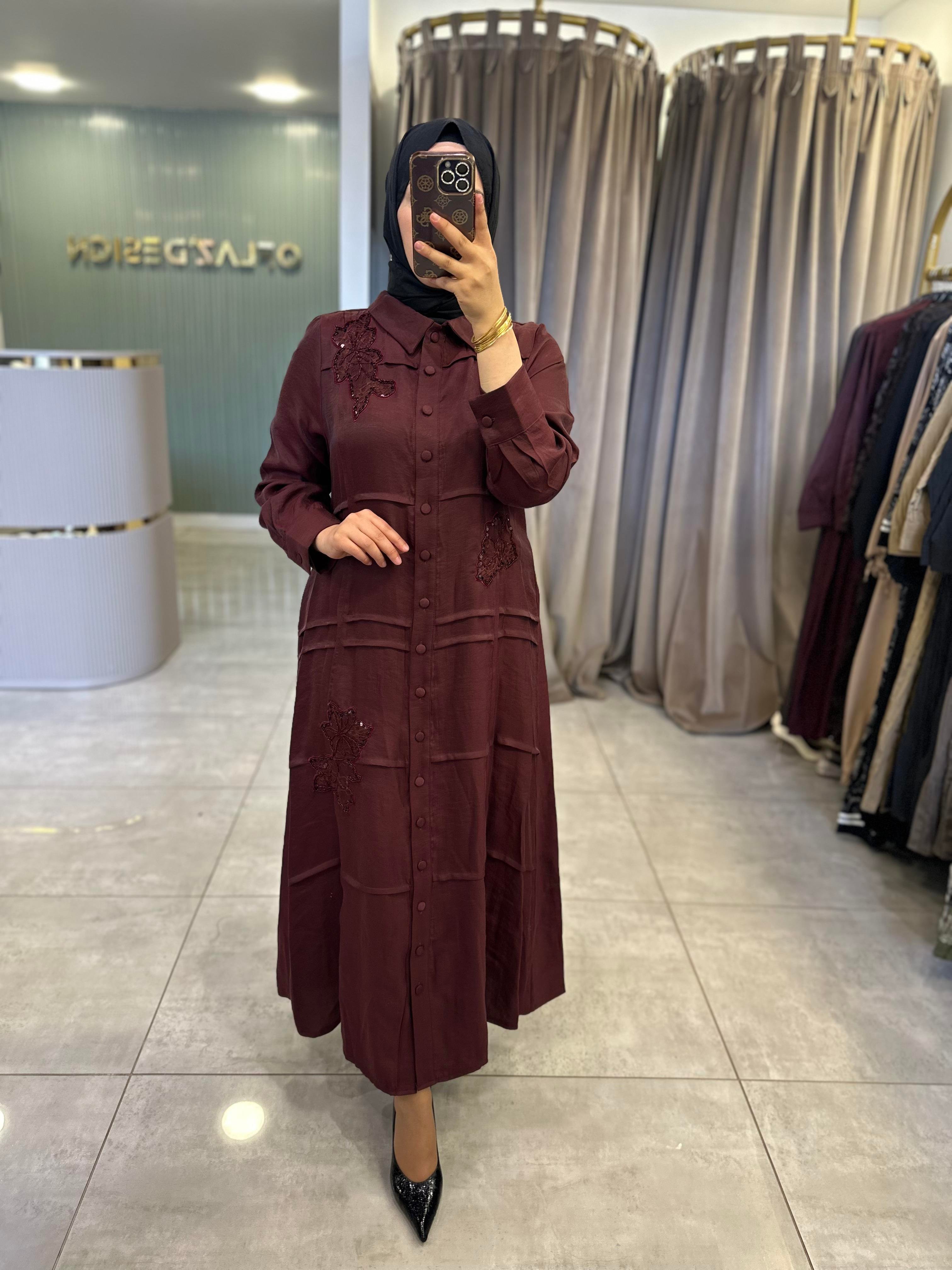 LissMore Çiçeği Boncuk İşlemeli Elbise Bordo 6001 