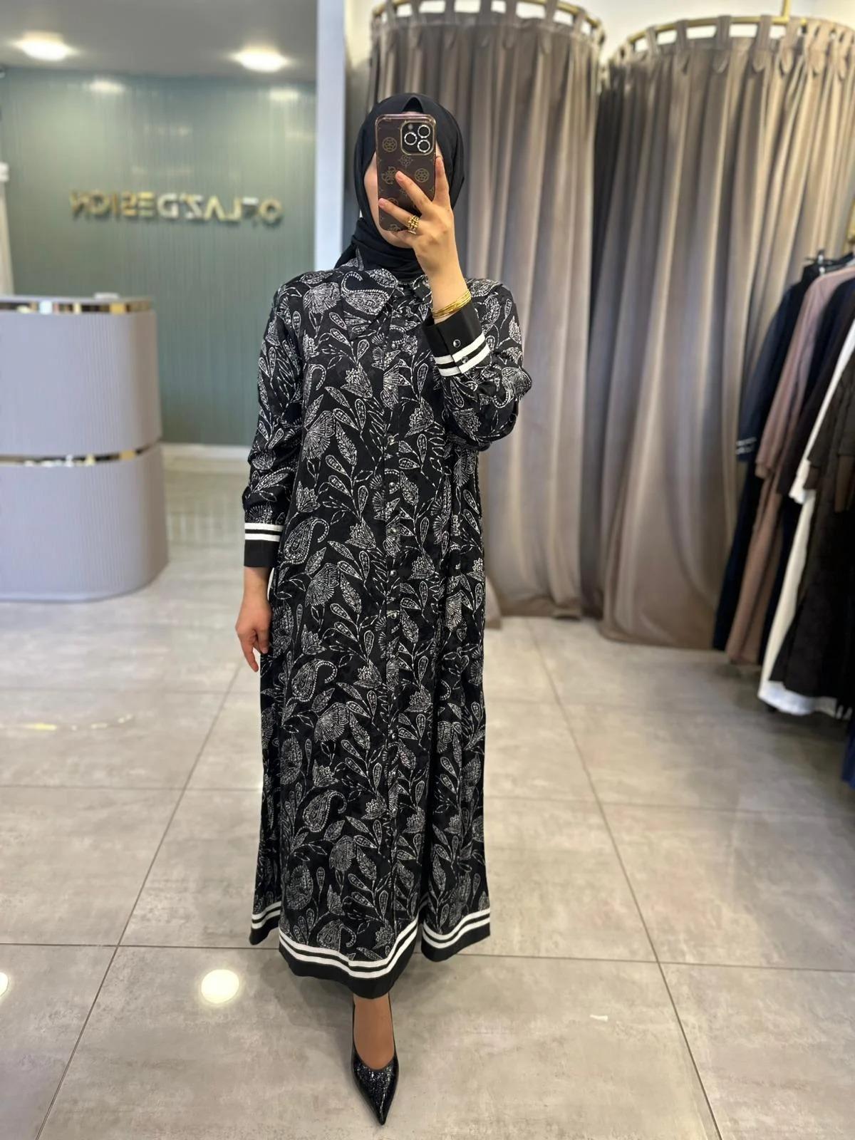 LissMore Gömlek Yaka Çiçek Desen Elbise Siyah 5864