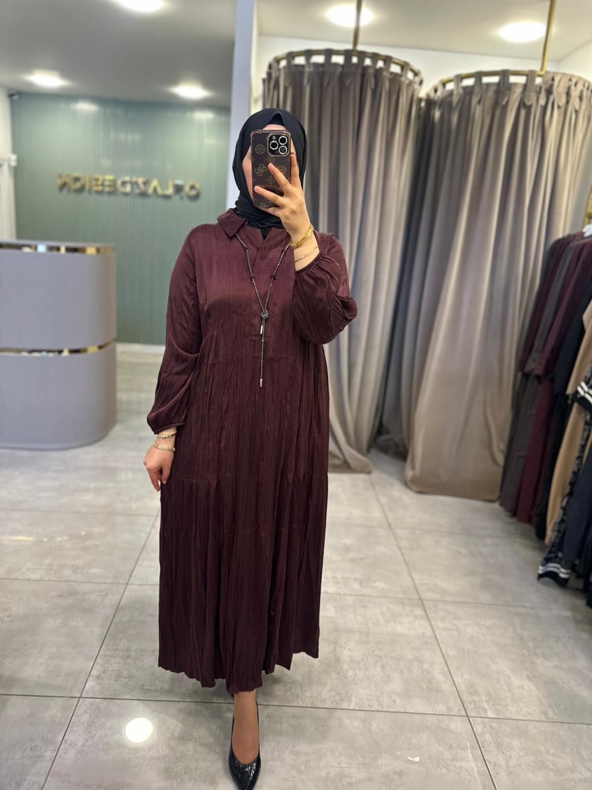 LissMore Kolye Detay Kırışık İpek Elbise Burgundy ( Bordo ) 5793