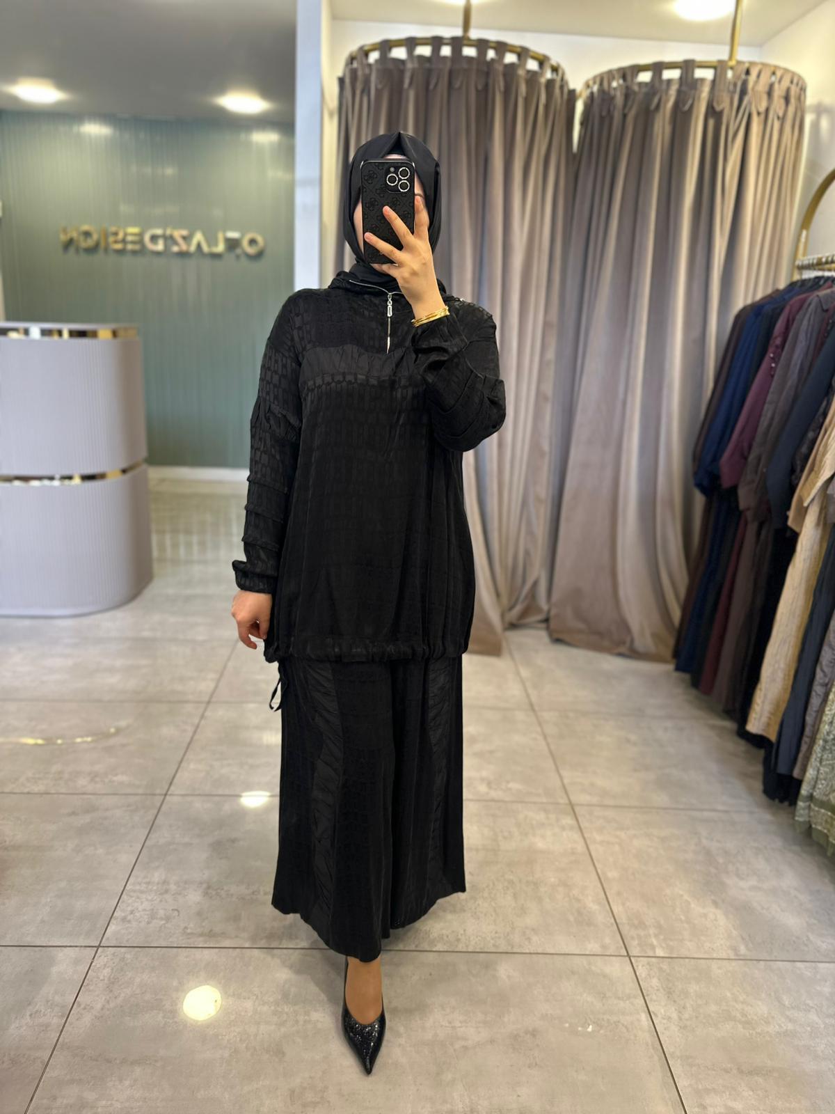 Misswhence Desenli İpek Tunik Pantolon Takım Siyah 38034