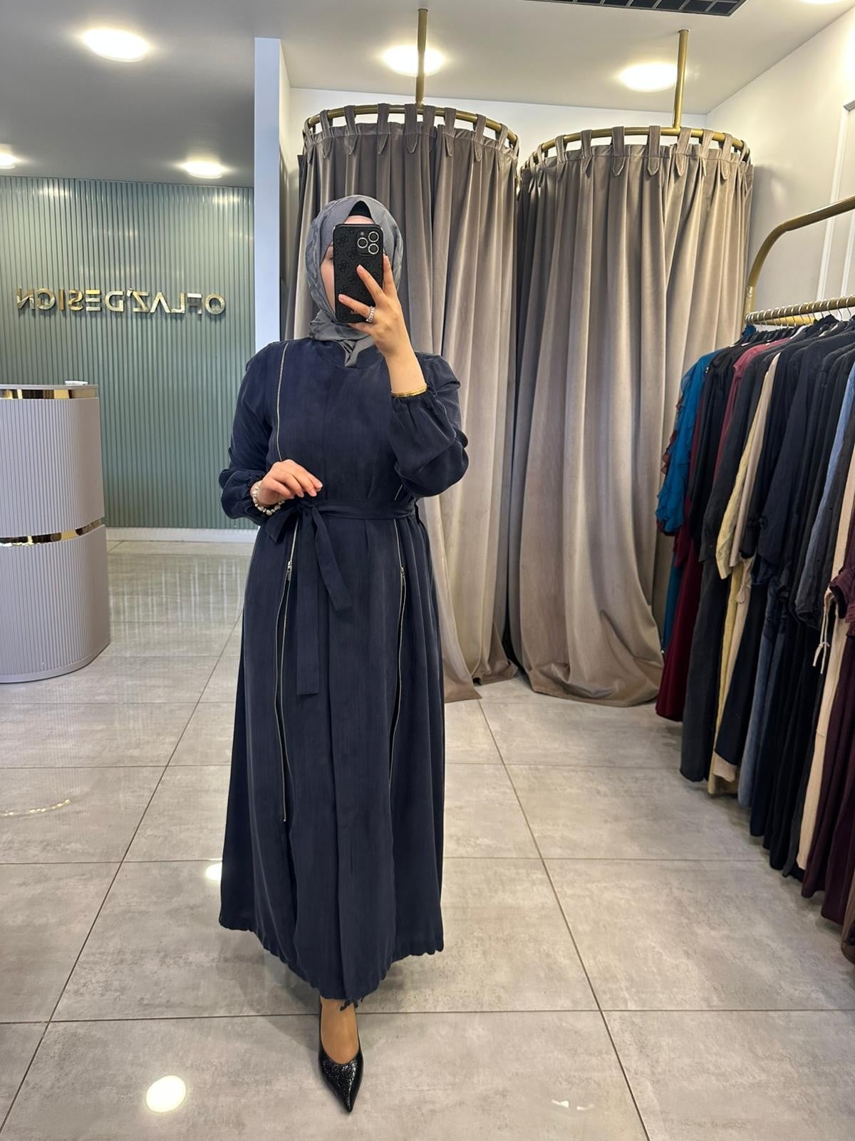 Misswhence Fermuar Detaylı İpek Ferace Lacivert 39501