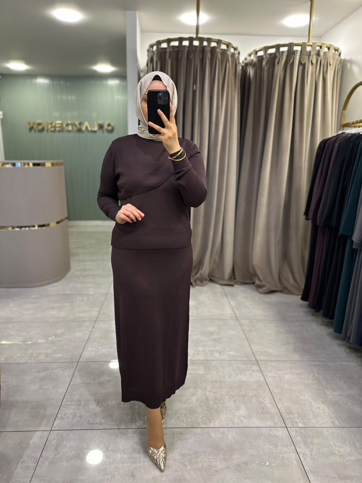 Nuss Çapraz Dikiş Basic Triko Etekli Takım Kahverengi 27K 705