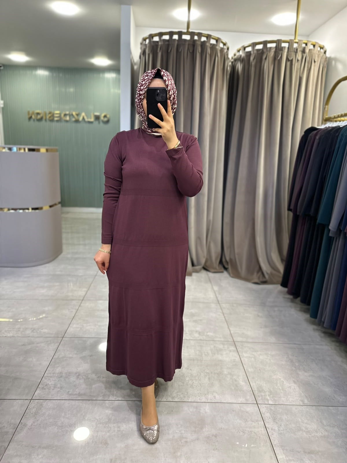 Nuss Kendinden Çizgili Triko Elbise Bordo 27K 800