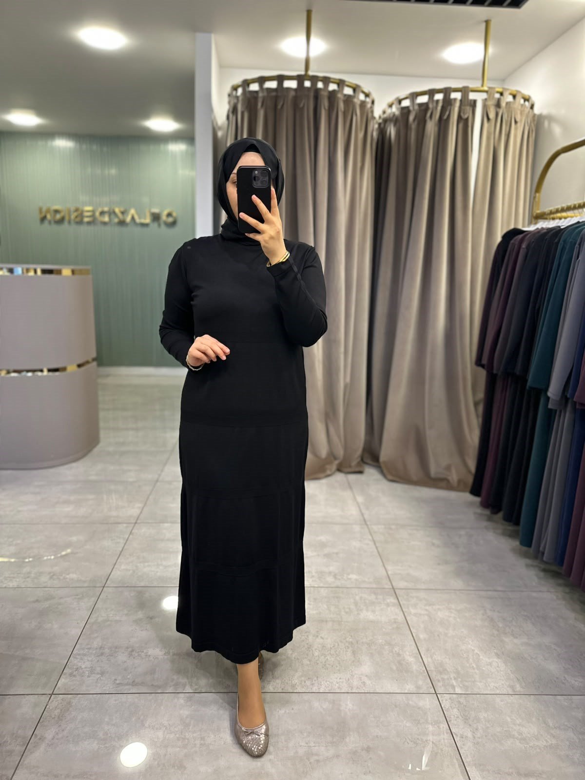 Nuss Kendinden Çizgili Triko Elbise Siyah 27K 800