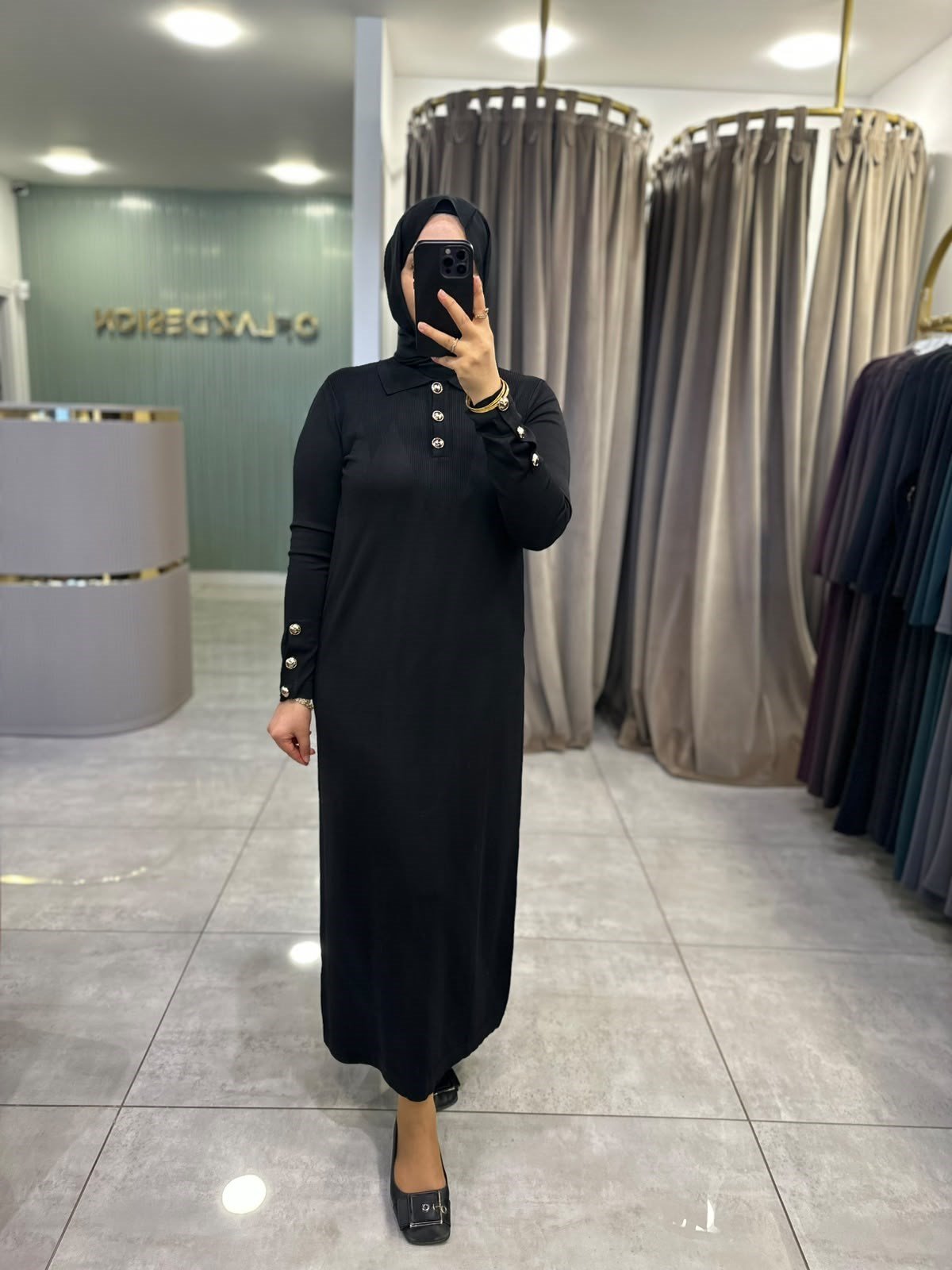 Nuss Polo Yaka Kol ve Yaka Düğmeli Triko Elbise Siyah 27K 801 