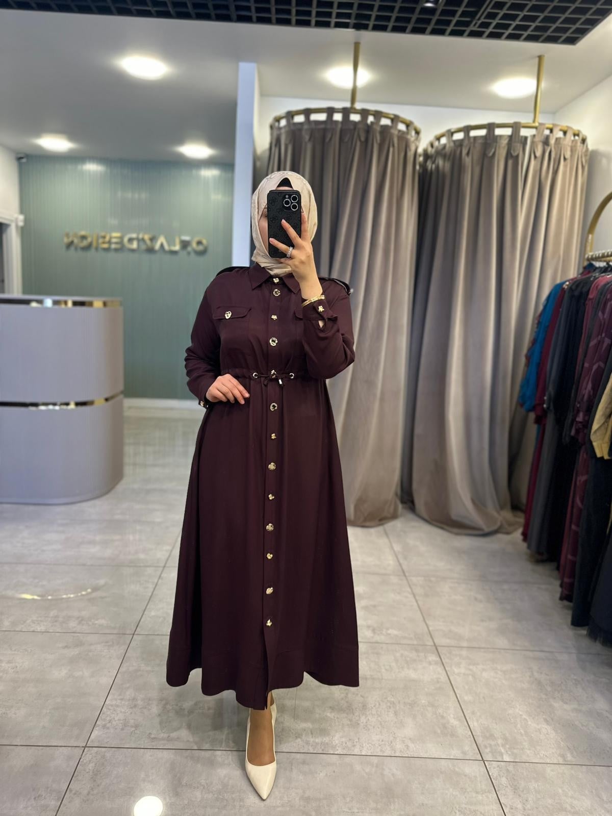Otto Önü Düğmeli Elbise Bordo 5421
