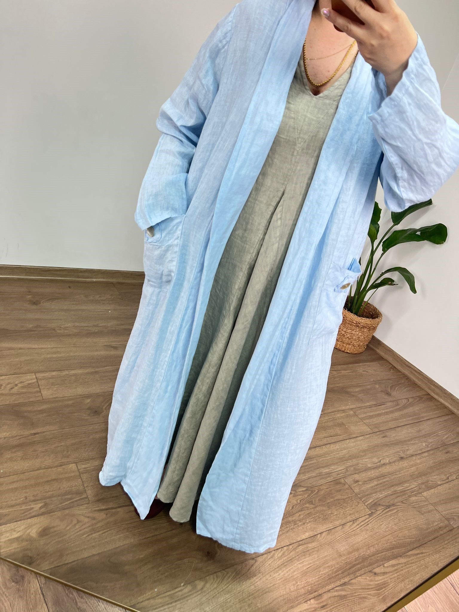 %100 Ham Keten Maxi Ceket (Bebe Mavi) 