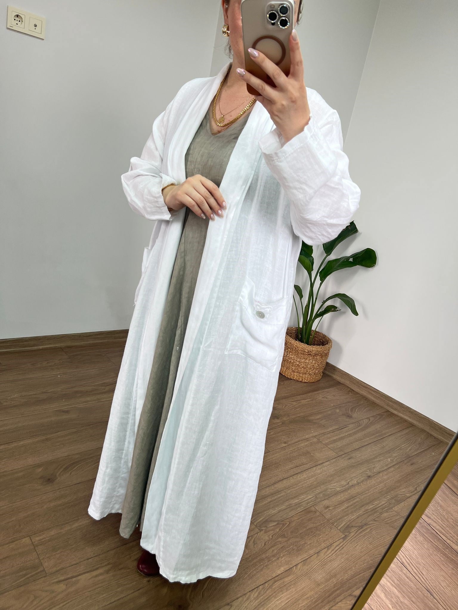 %100 Ham Keten Maxi Ceket (Beyaz) 