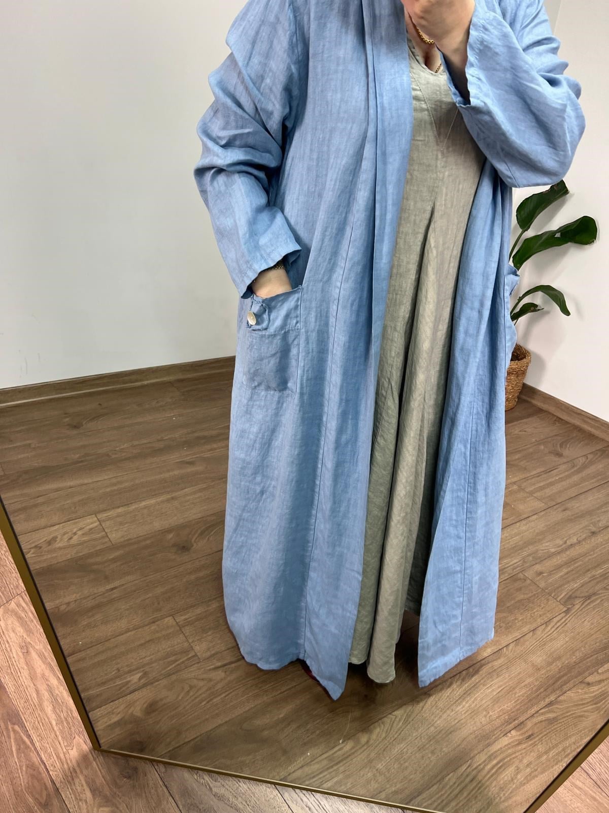 %100 Ham Keten Maxi Ceket (İndigo Mavi) 