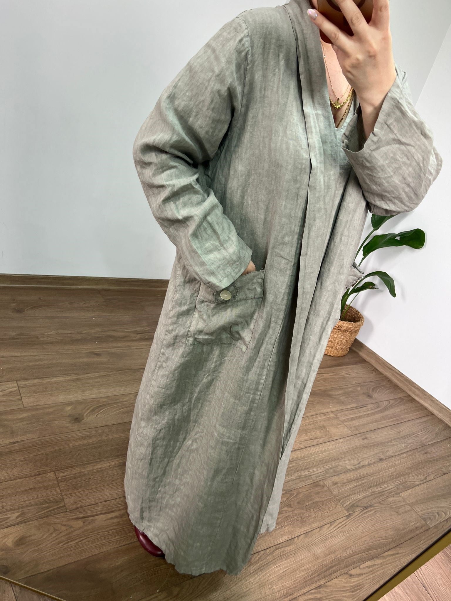 %100 Ham Keten Maxi Ceket (Vizon) 