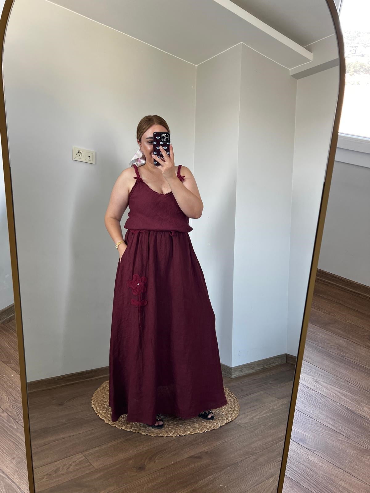 Askıları Örgü Detaylı İtalyan Keten Atlet (Bordo) 