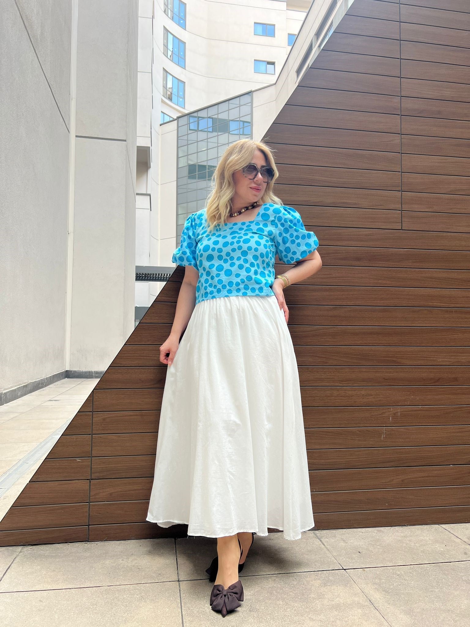 Balon Kol Puantiyeli Crop Bluz (Mavi) 